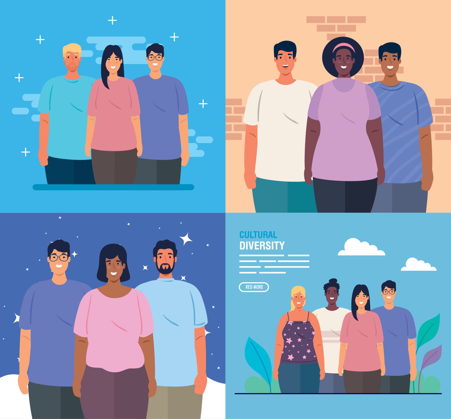 set scenes of multiethnic people together, cultural and diversity concept Free Vector