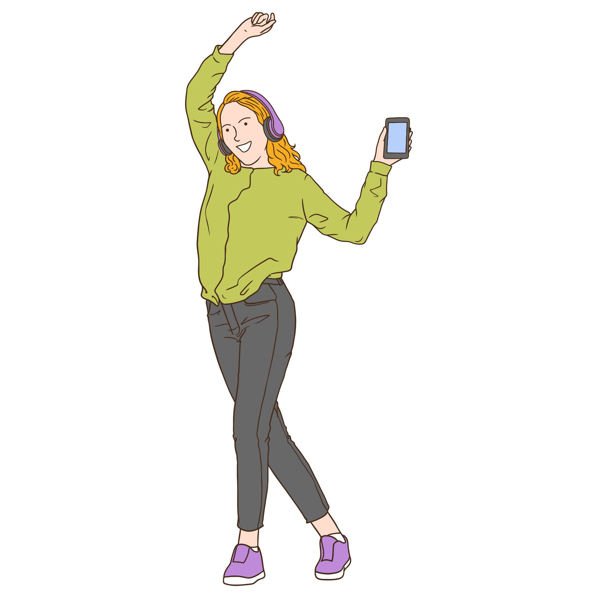 Cartoon illustration of happy dancing woman listening to music Free Vector