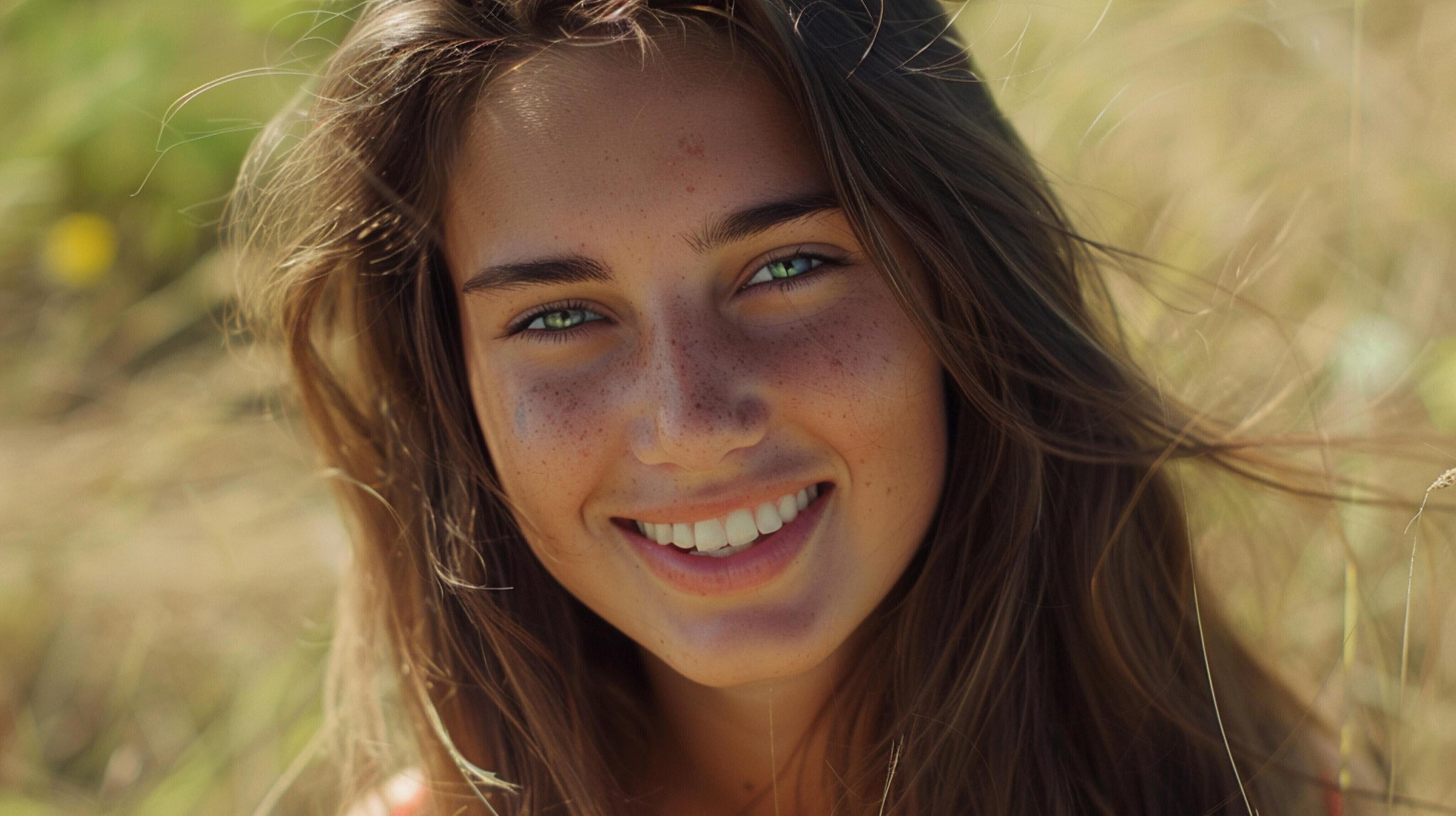 young woman with long brown hair smiling Stock Free