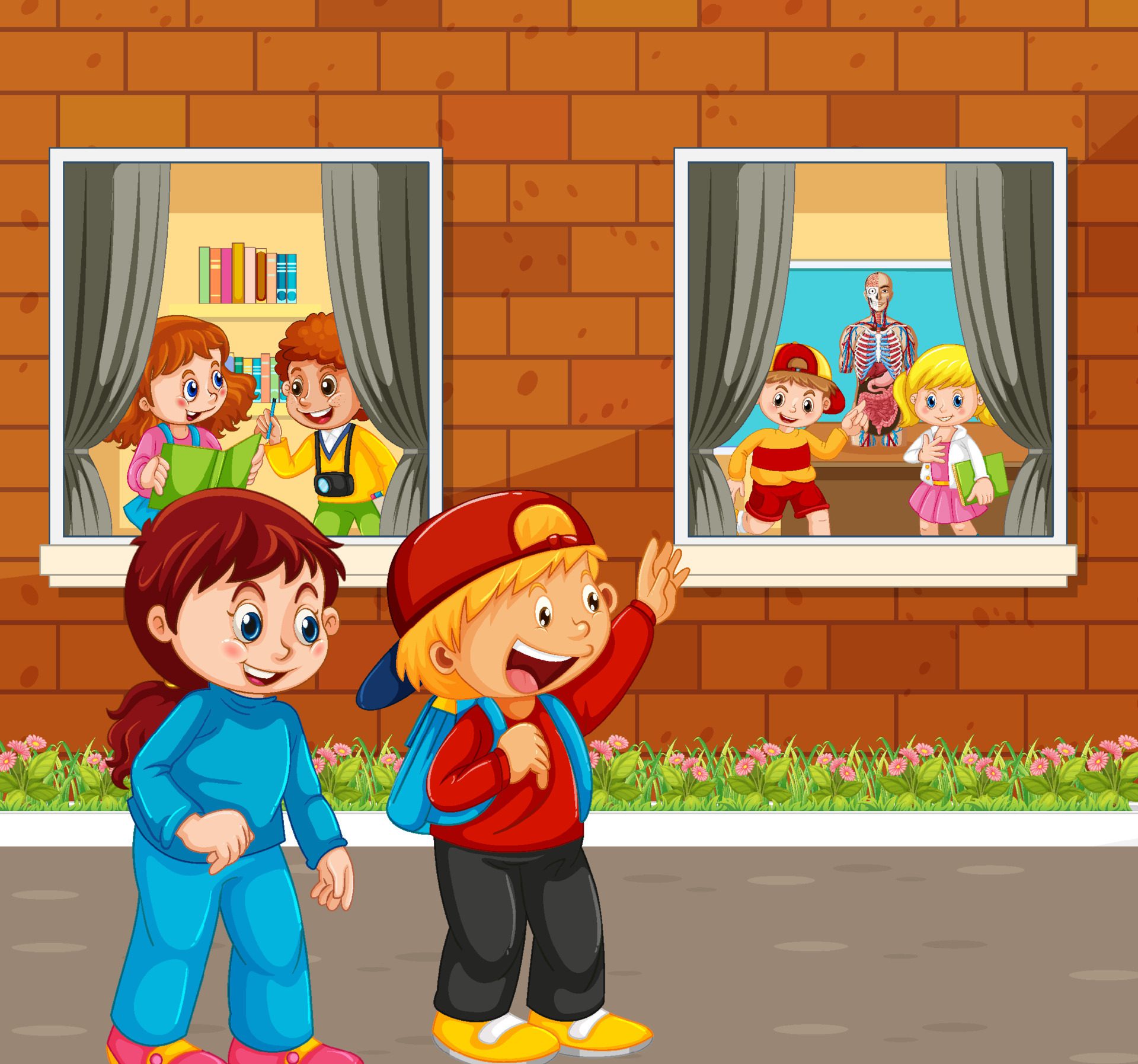 Outdoor scene with people in cartoon style Free Vector