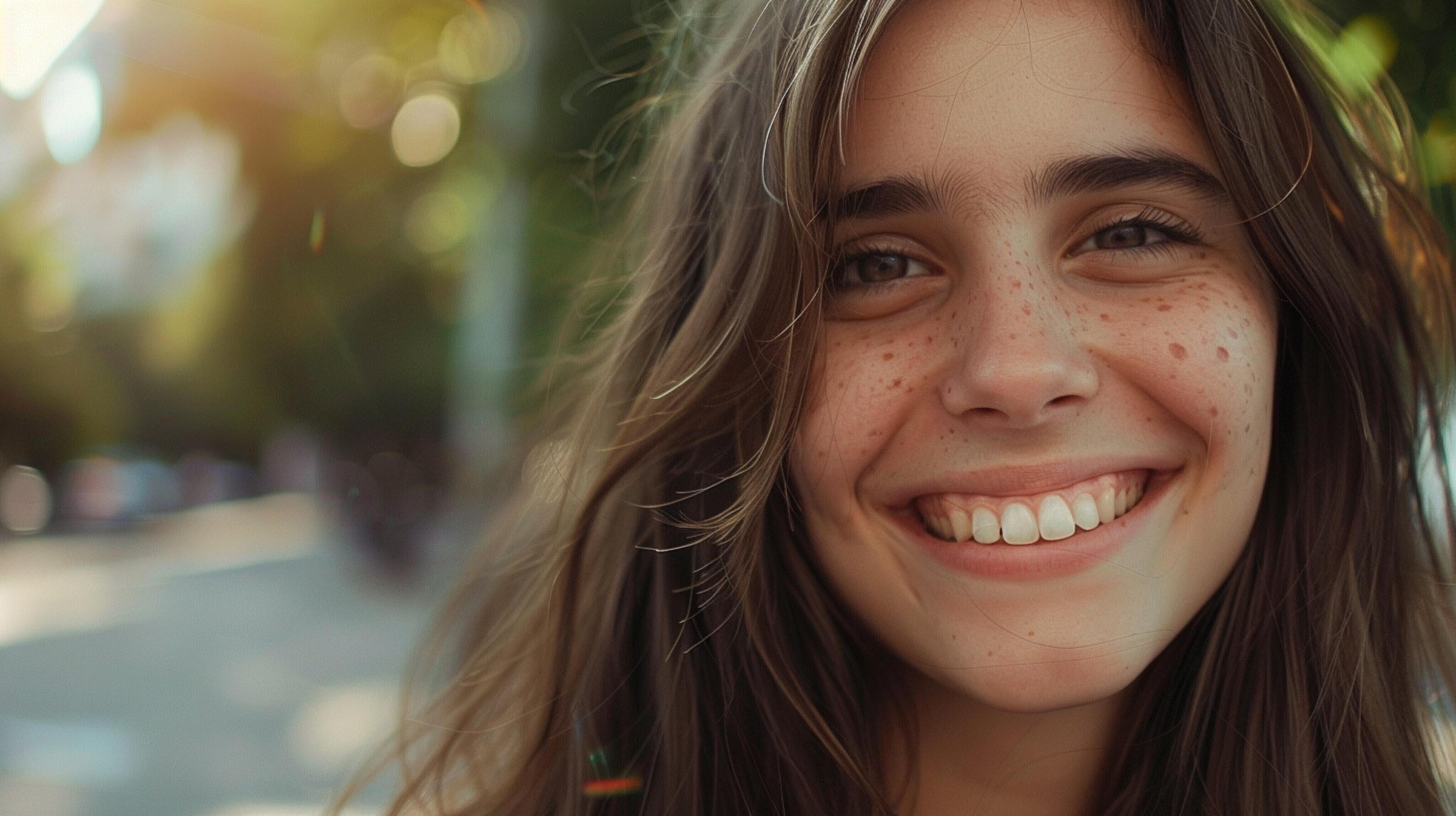 young woman with long brown hair smiling Stock Free