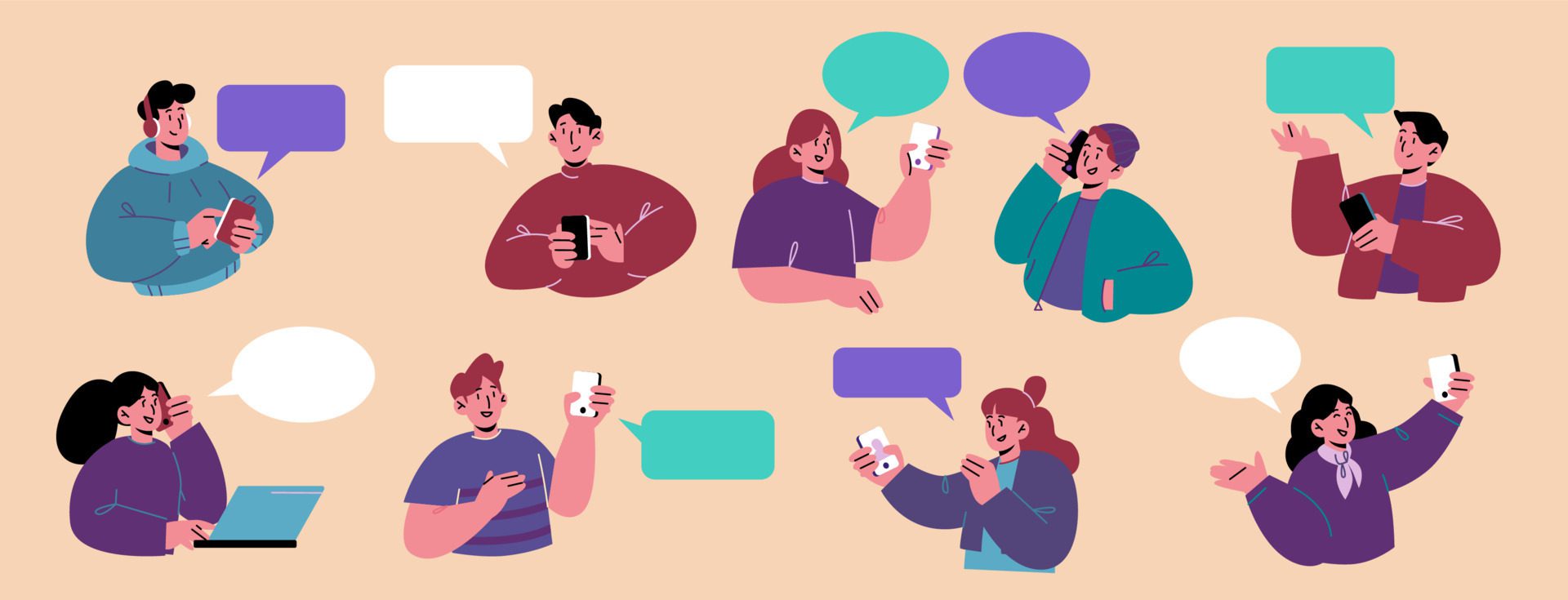 
									Young people with smartphones and speech bubbles Free Vector