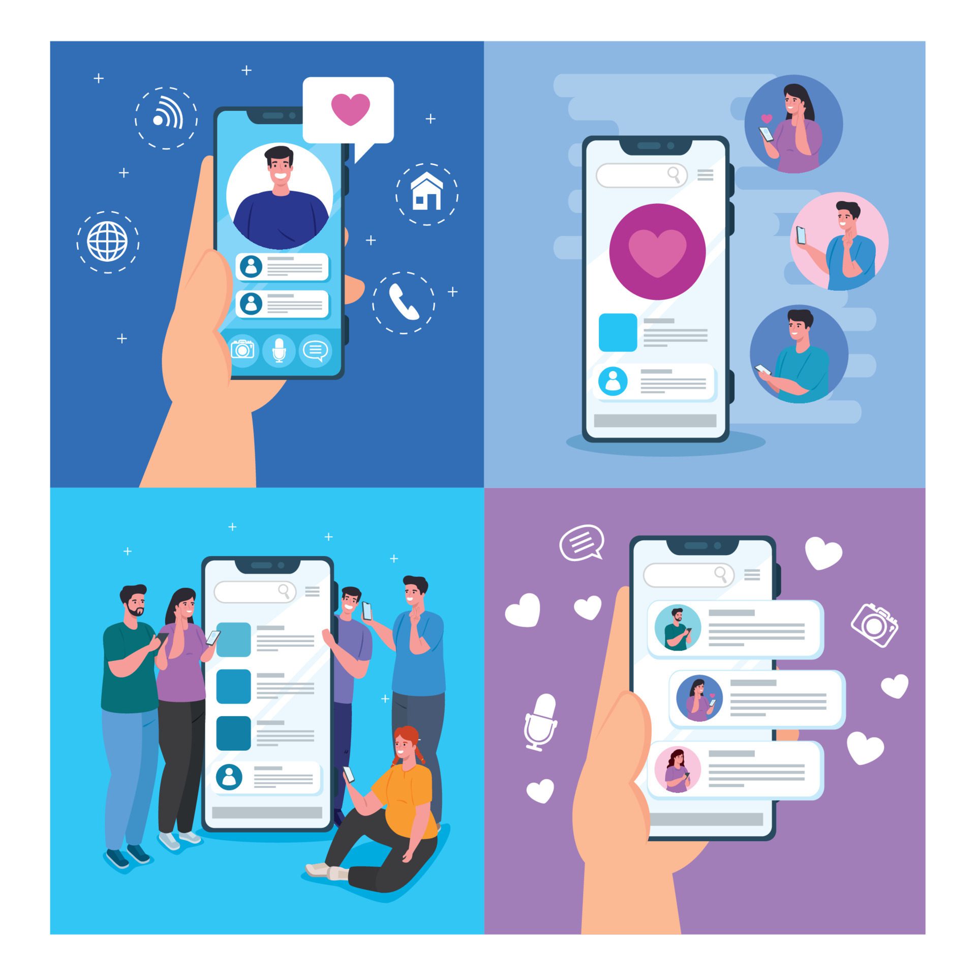 set scenes of online chat in smartphones of young people, social media concept Free Vector