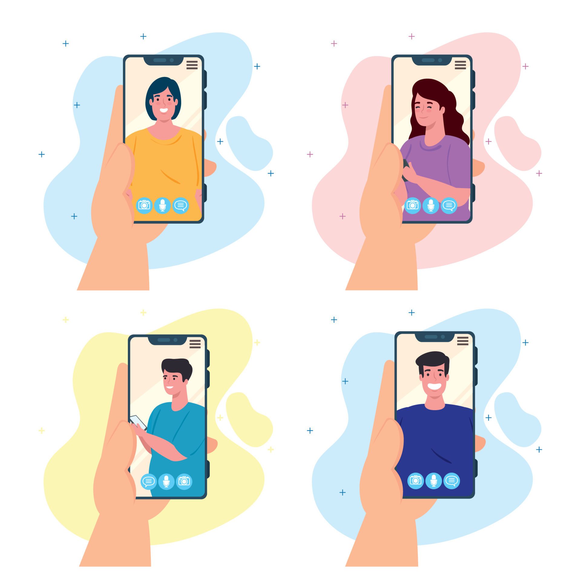 hands holding smartphone video call on the screen with young people, social media concept Free Vector