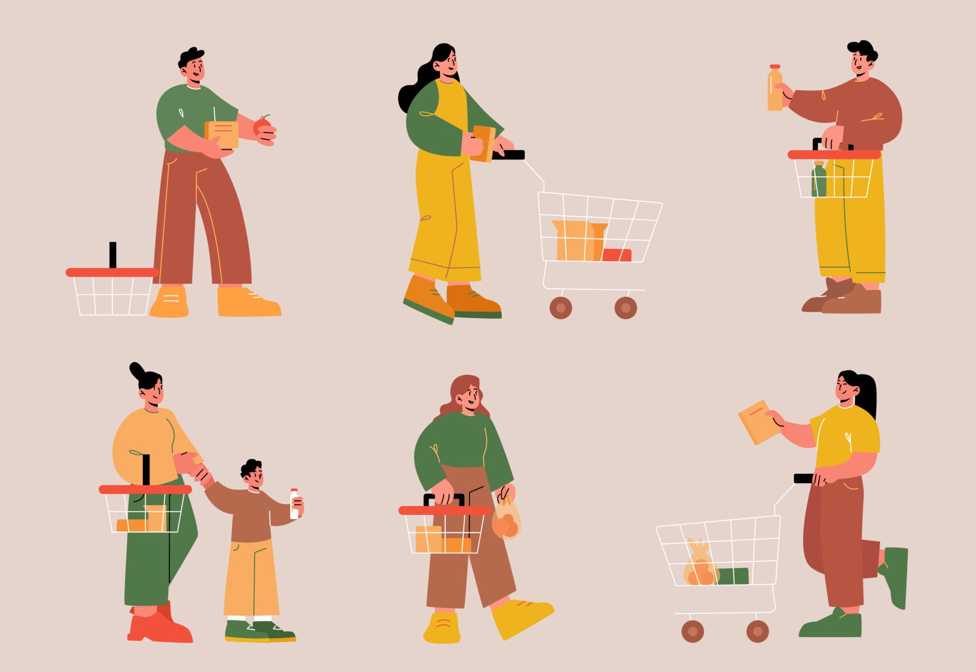 People with shopping carts and baskets in store Free Vector