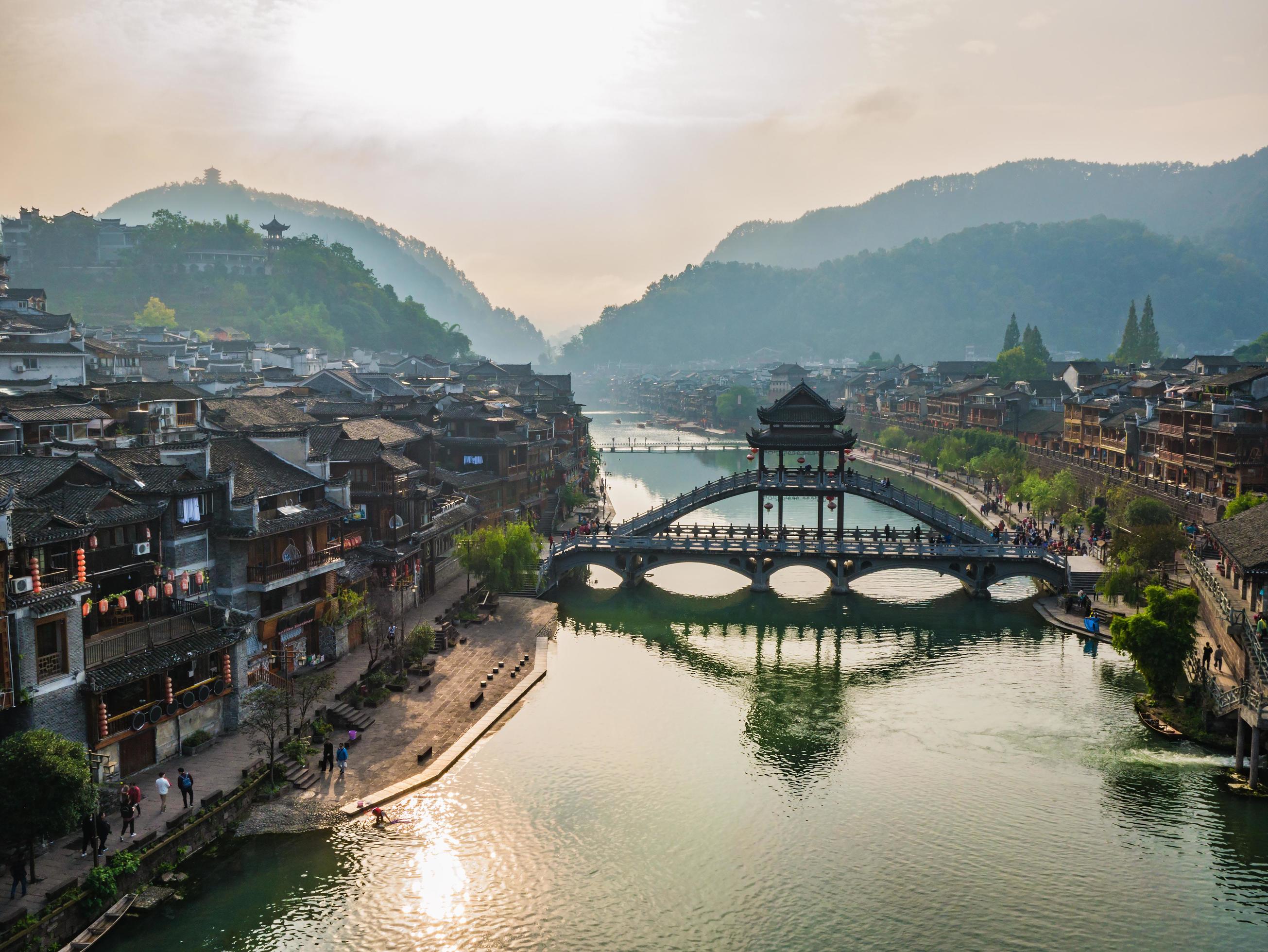 
									Scenery view in the morning of fenghuang old town .phoenix ancient town or Fenghuang County is a county of Hunan Province, China Stock Free