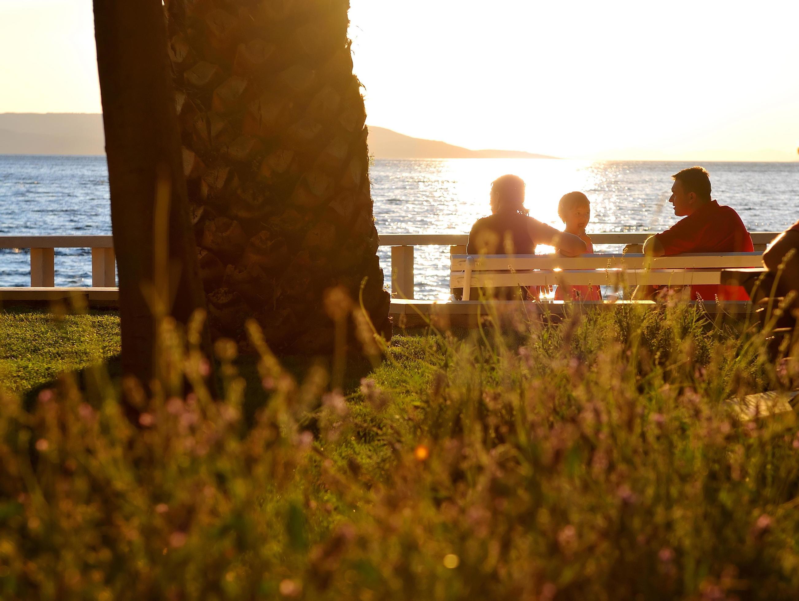 Happy family watching sunset on the beach Stock Free