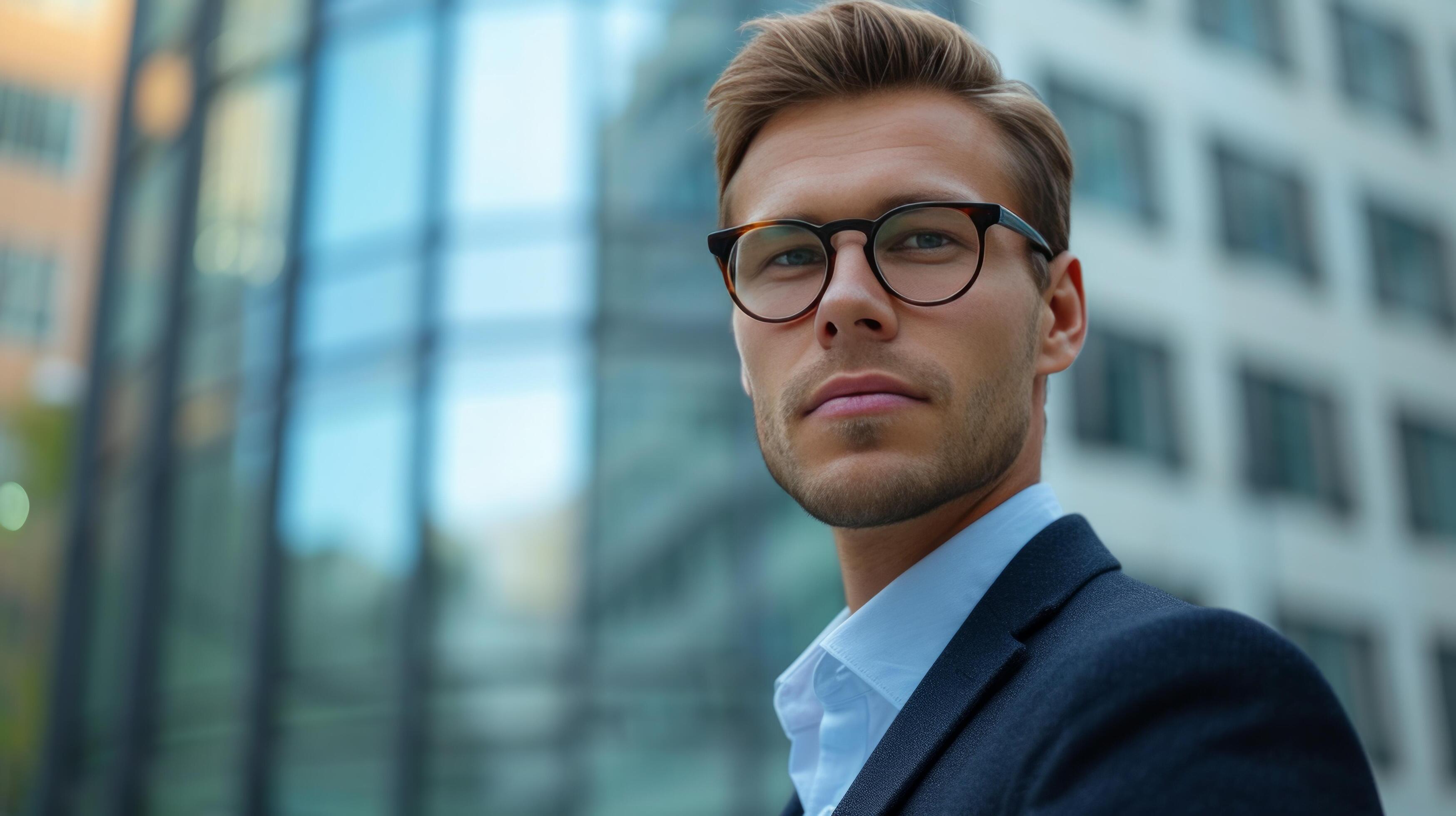 AI generated Young serious businessman in glasses looking at the camera against the background of a blurred business center Stock Free