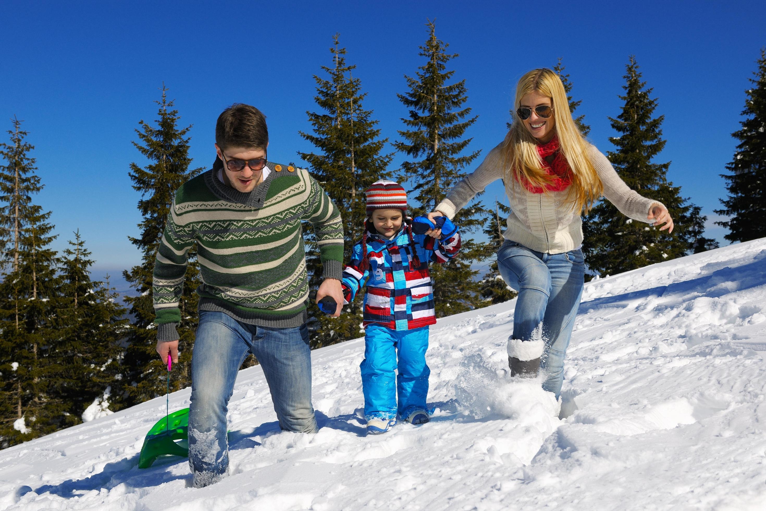 family having fun on fresh snow at winter vacation Stock Free