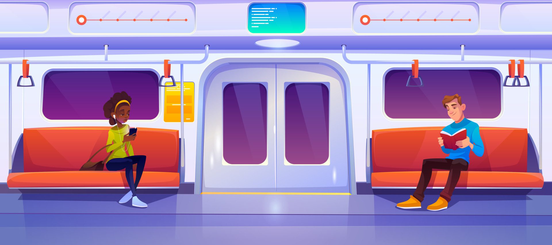 People sitting in subway train car, metro wagon Free Vector