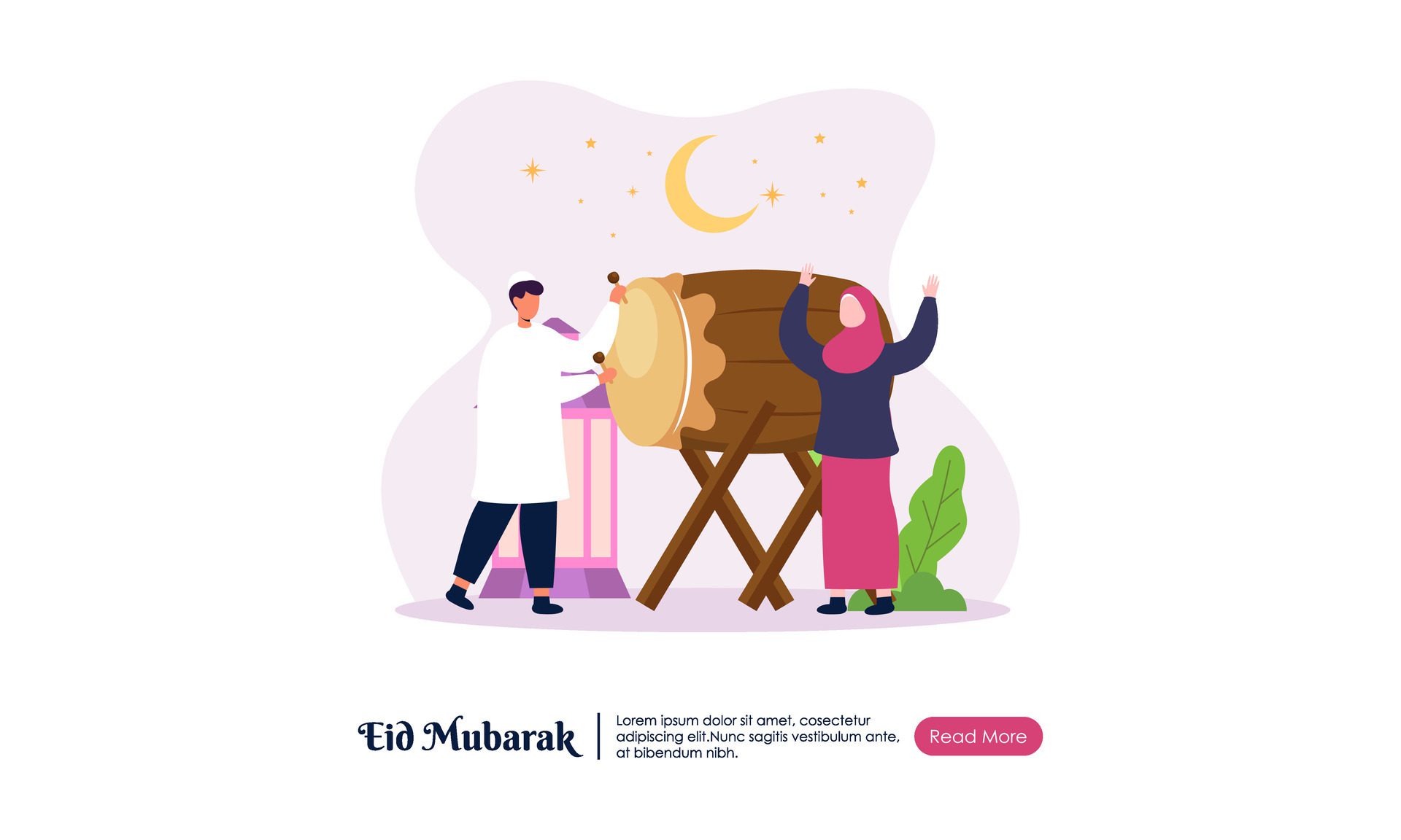 Happy Eid Mubarak or Ramadan Greeting with People Character Illustration. Free Vector