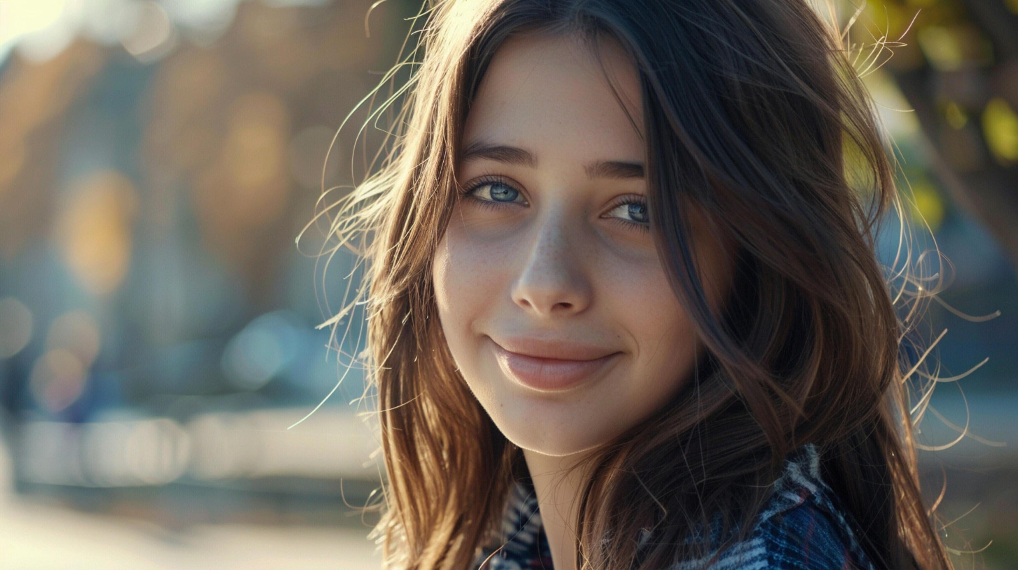 young woman with long brown hair smiling Stock Free