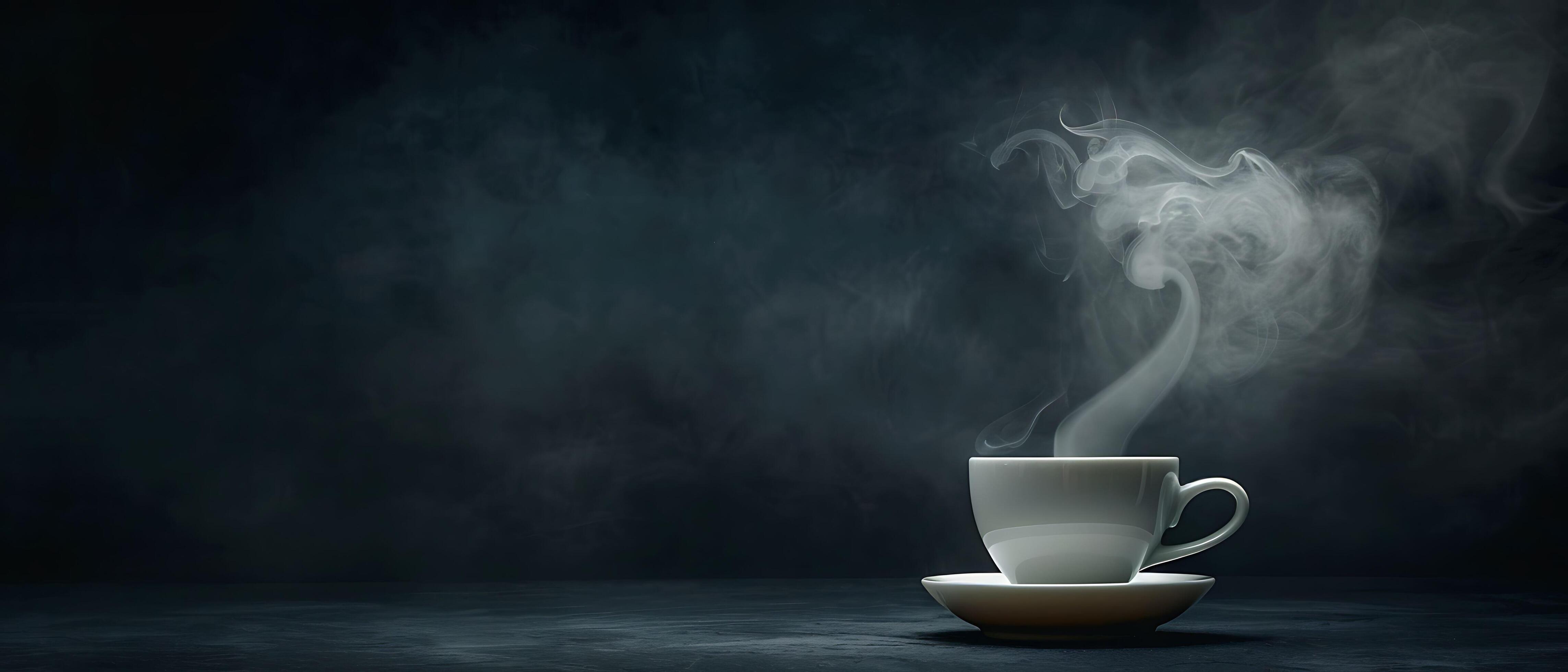 Moody Coffee Cup Artistic Shot with Swirling Steam on Dark Background with Dramatic Ambiance and Copy Space Stock Free