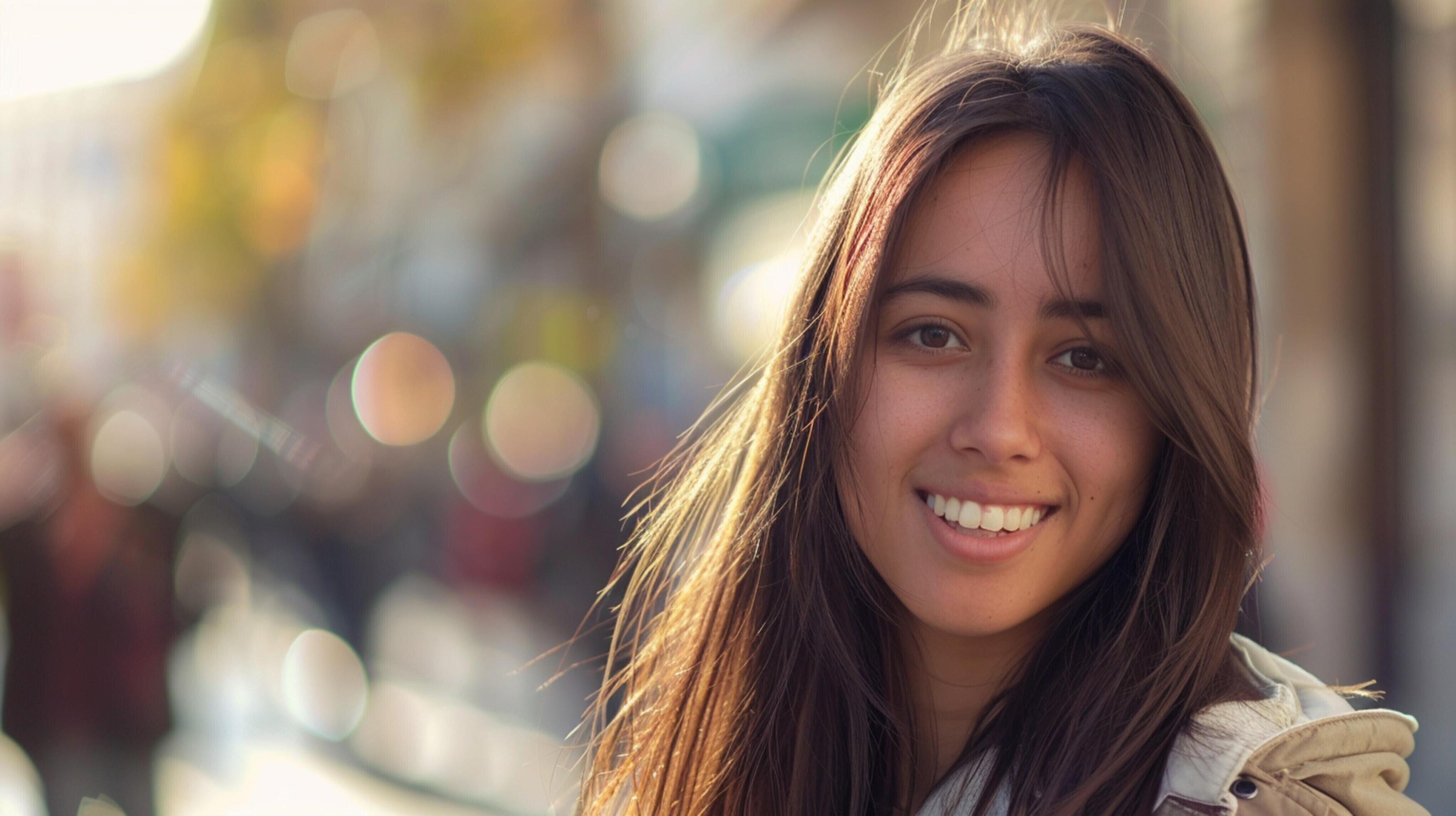 young woman with long brown hair smiling Stock Free