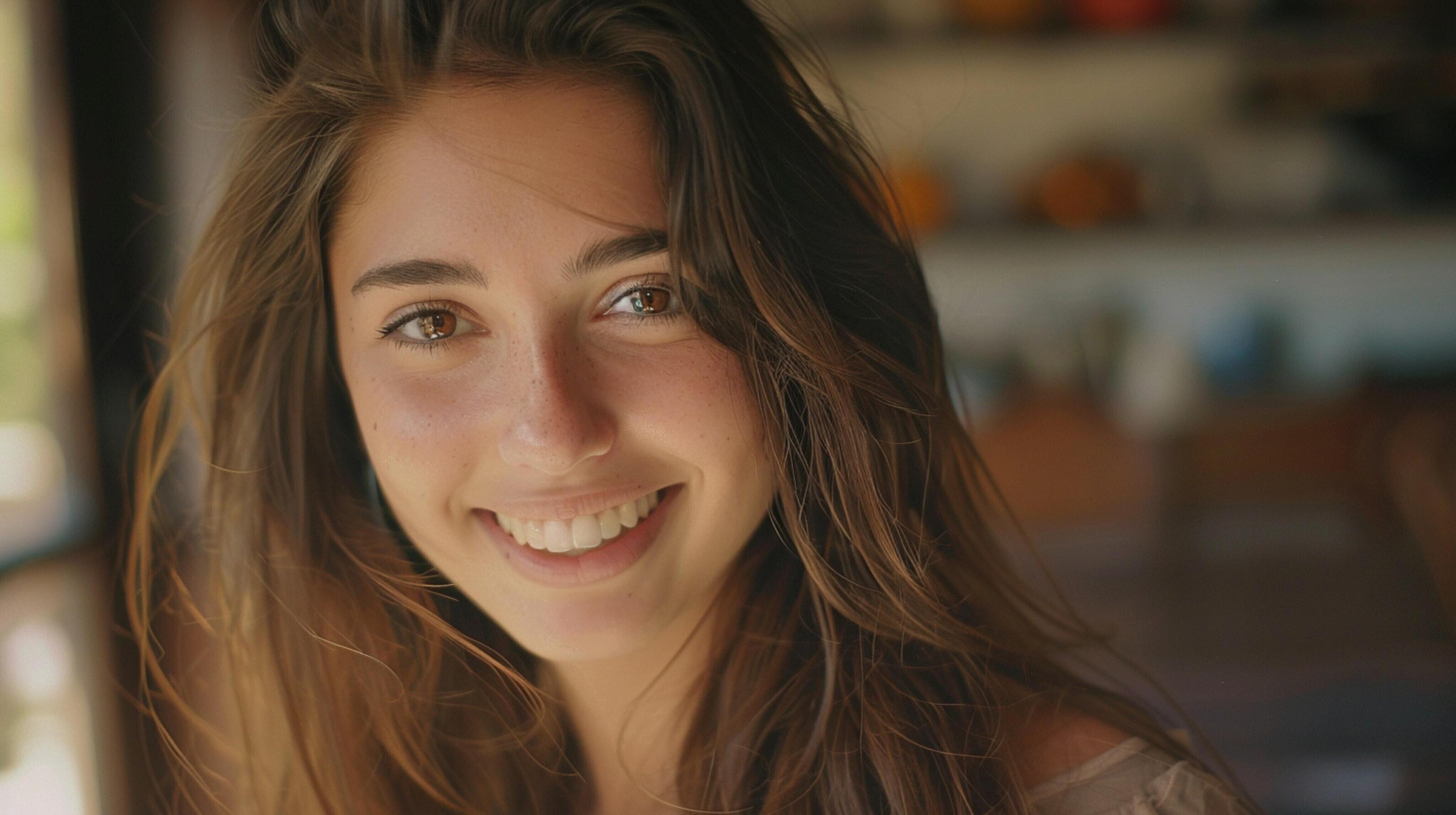 young woman with long brown hair smiling Stock Free