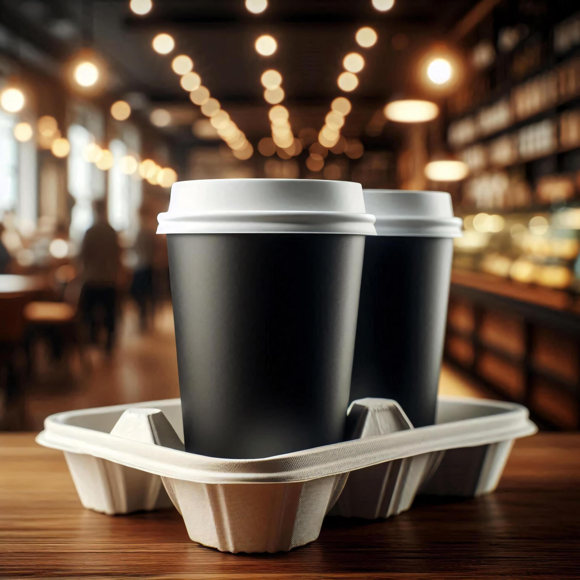 Colorful Takeaway Cups in a Carrier with a Blurred Coffee Shop Background for Mockup and Branding Use Stock Free