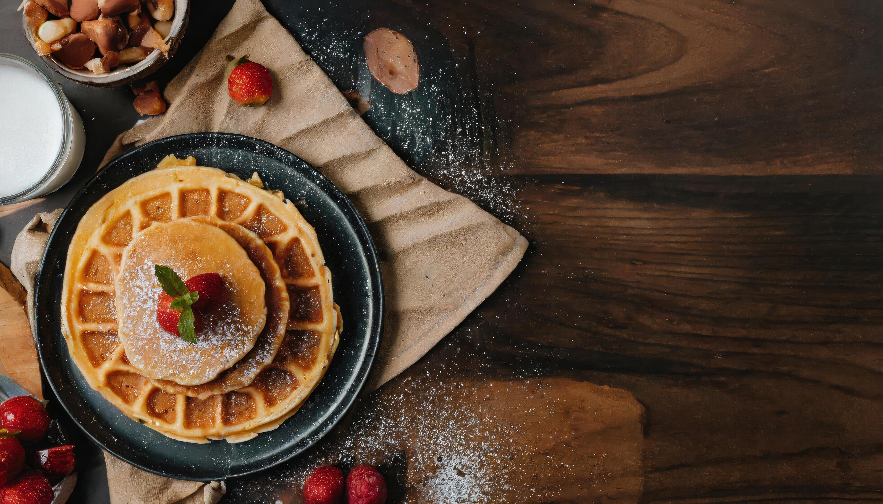 Copy Space image of Belgian waffles with berries on slate plate on dark wooden background. Stock Free