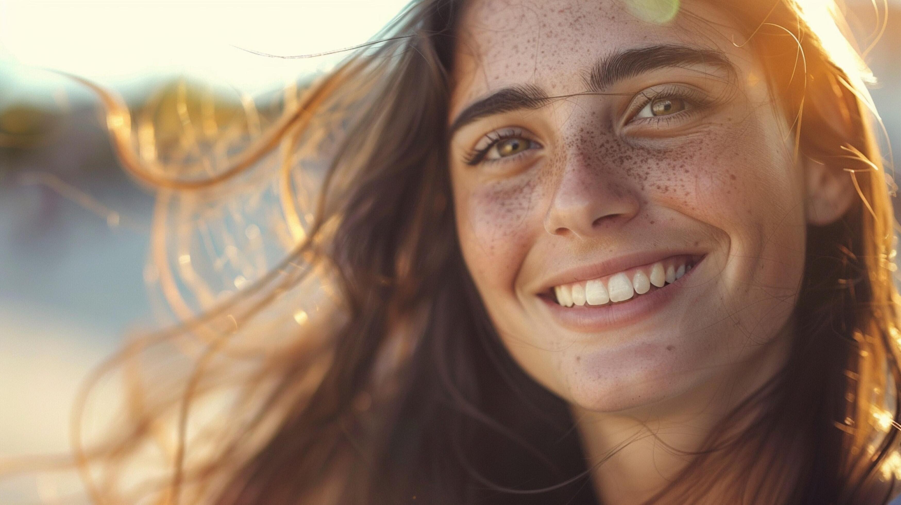 young woman with long brown hair smiling Stock Free