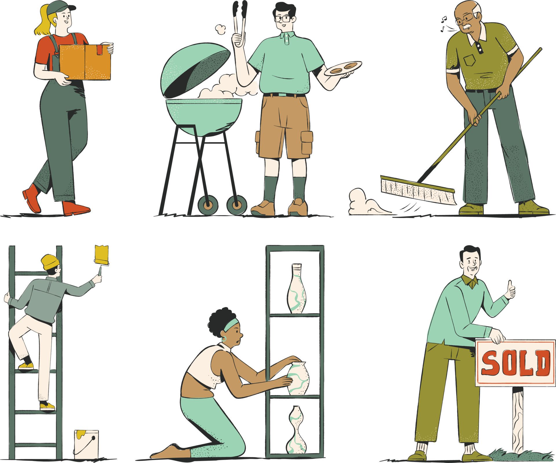 worker set. Set of people doing household work. Male and female cartoon characters. Vector illustration Free Vector