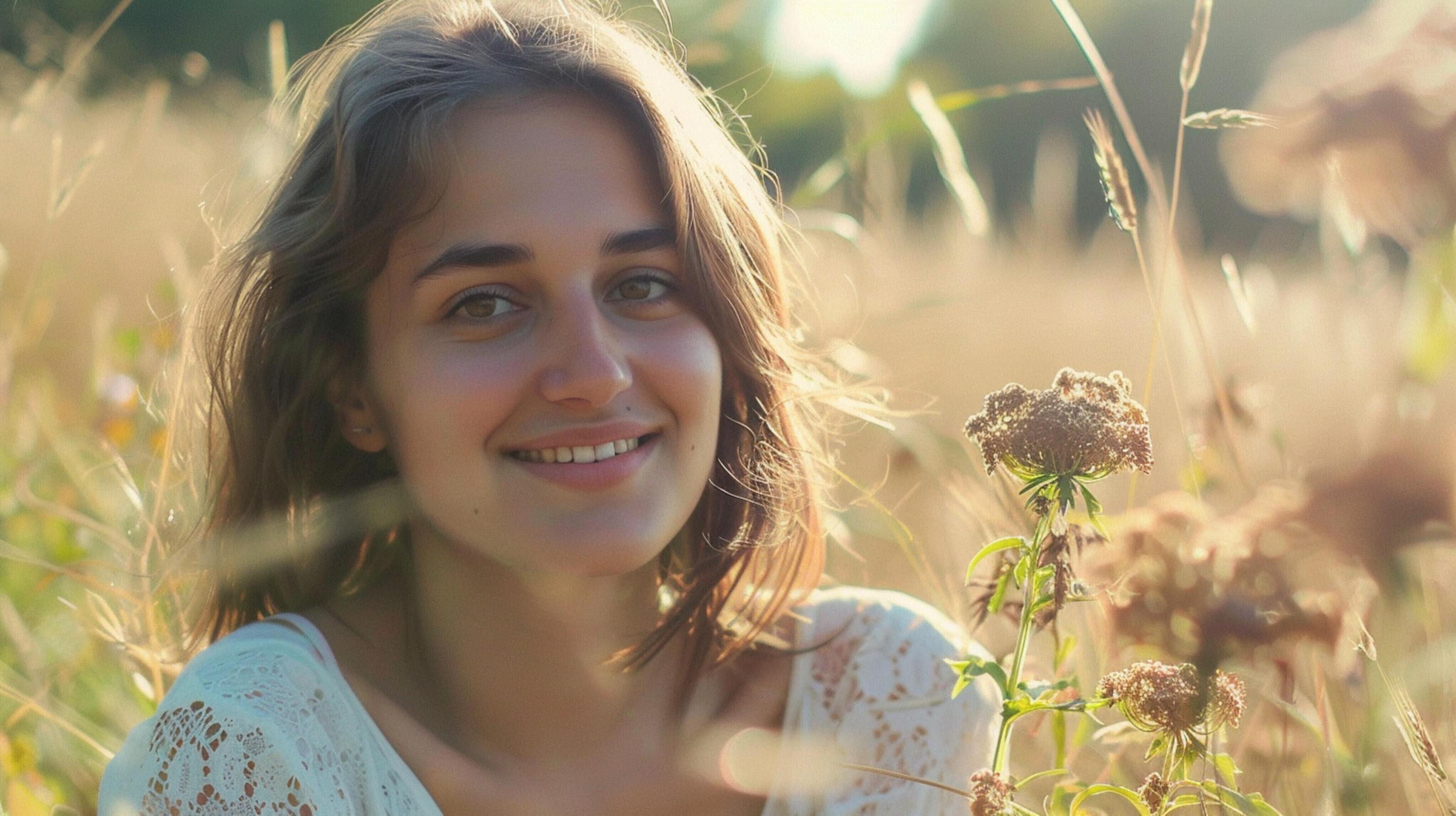 young woman outdoors looking at camera smiling Stock Free