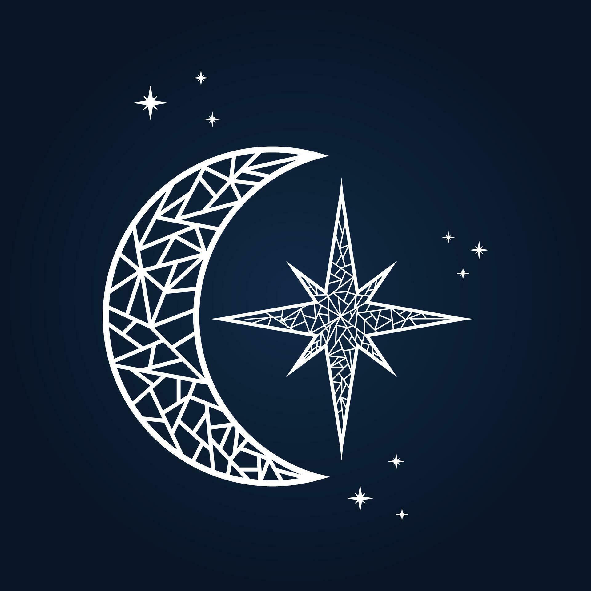 
									Mosaic arts of crescent moon and star in the night sky. Elegant aesthetic design vector with sparkling stars. Icon, logo, or ornament. Stock Free and Free SVG