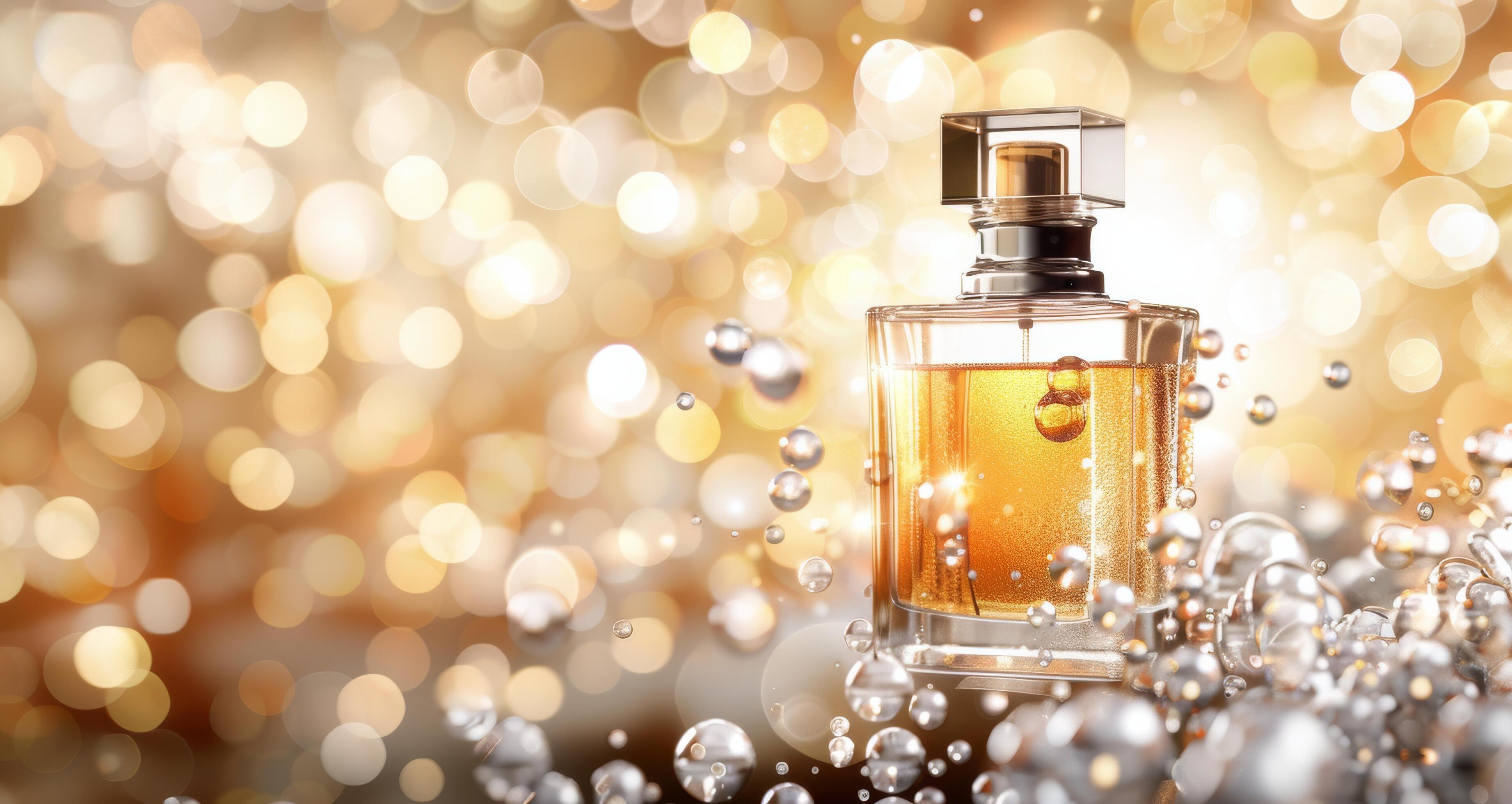 Perfume Bottle in Water Splash With Bokeh Background Stock Free