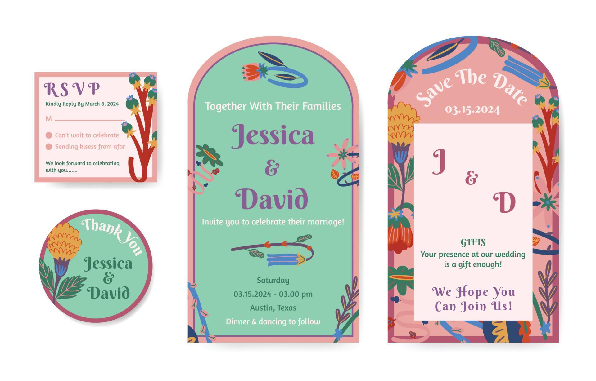 Colorful Flower Shapes Wedding Invitation Set Stock Free