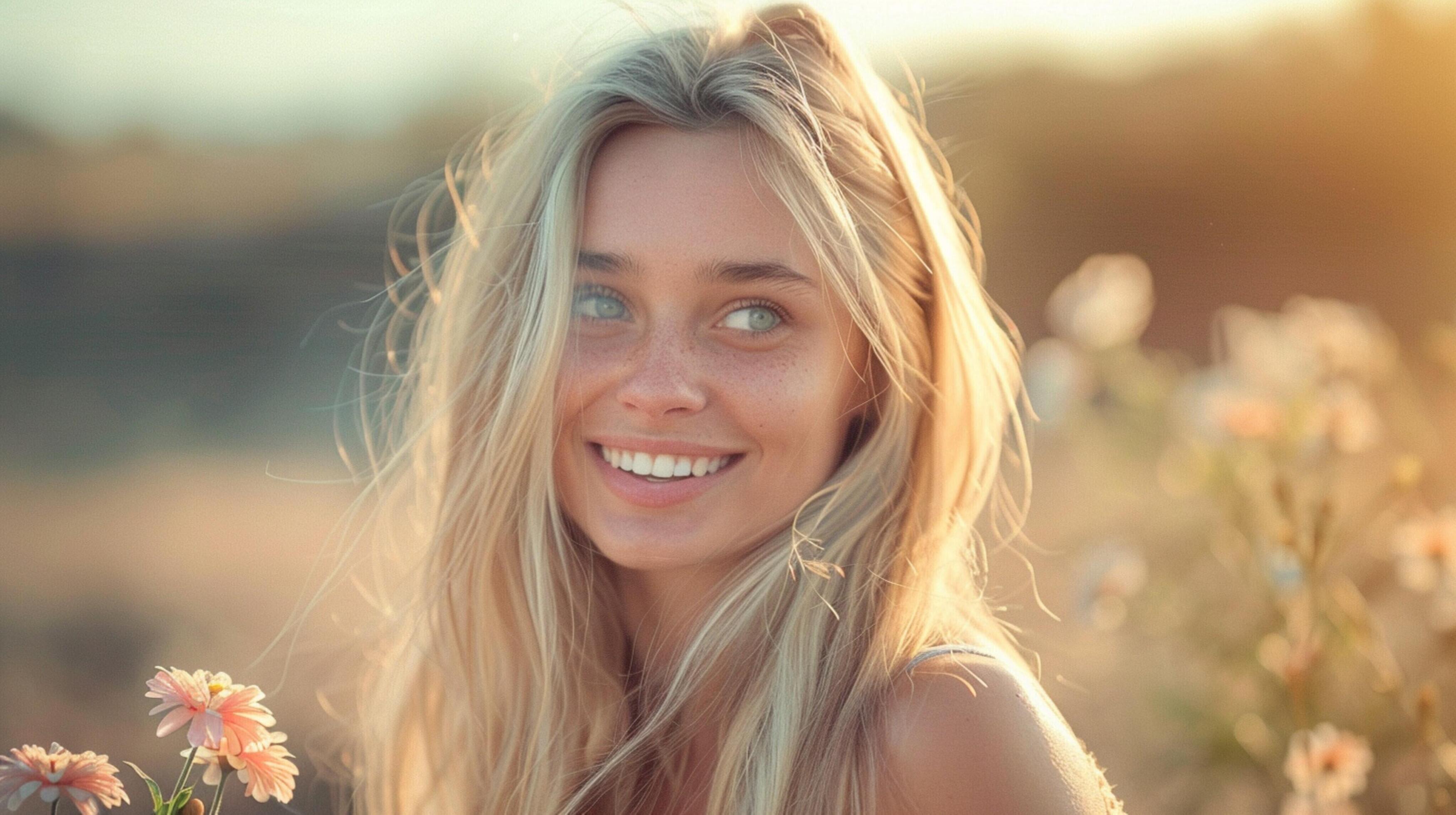 young woman with long blond hair smiling Stock Free