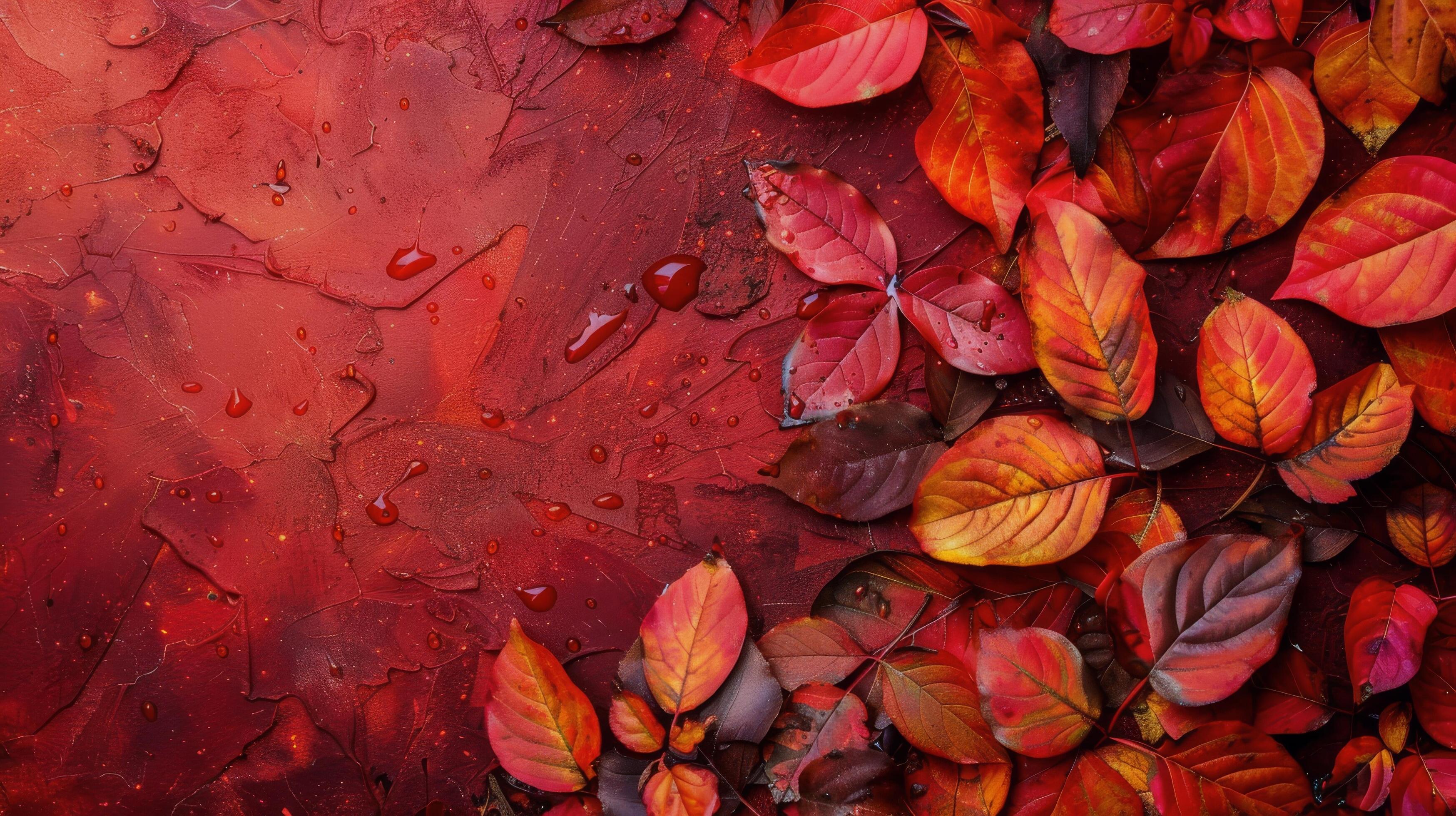 Autumn Leaves on Red Background Stock Free