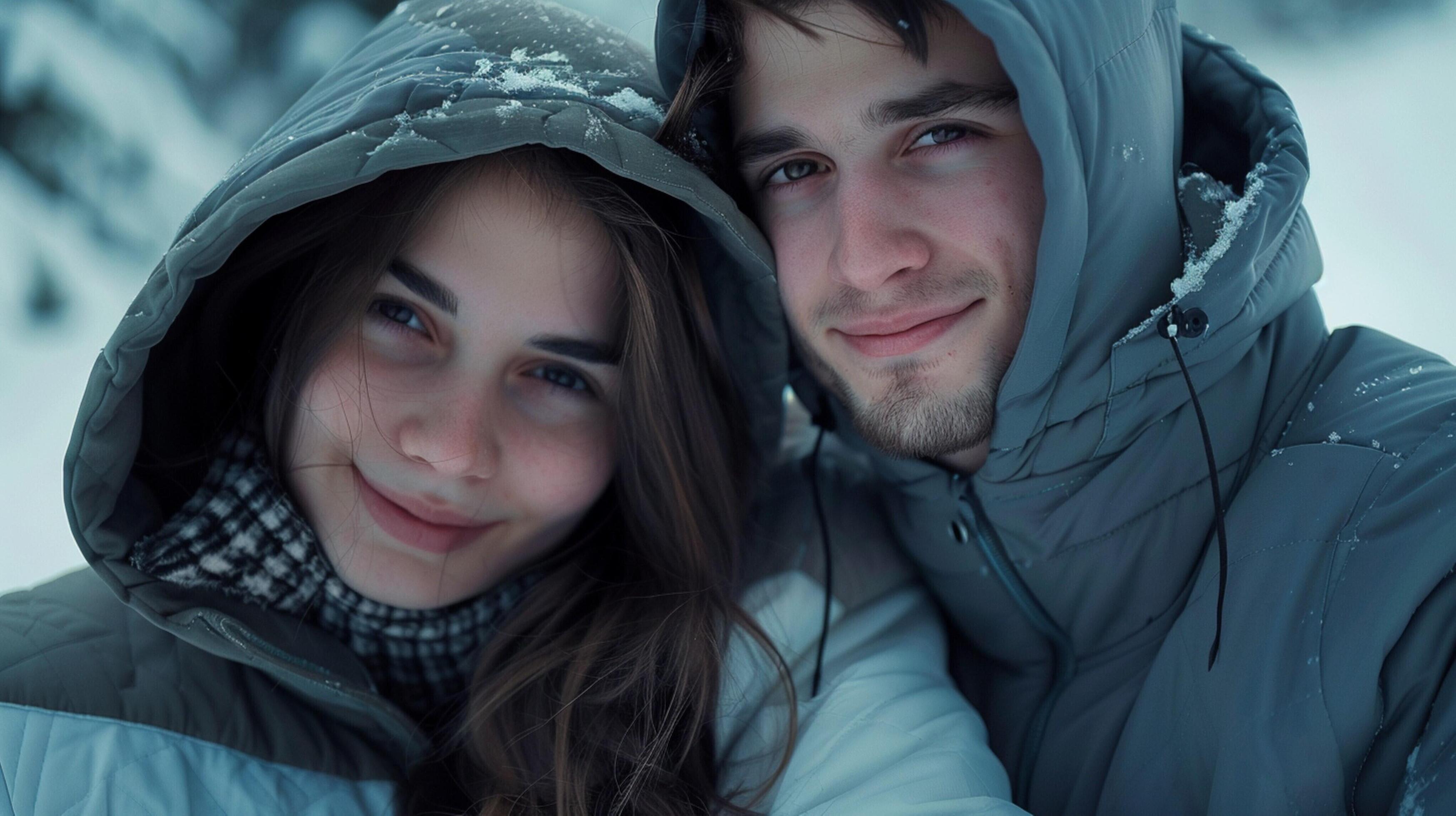 young couple in hooded shirts looking at camera Stock Free