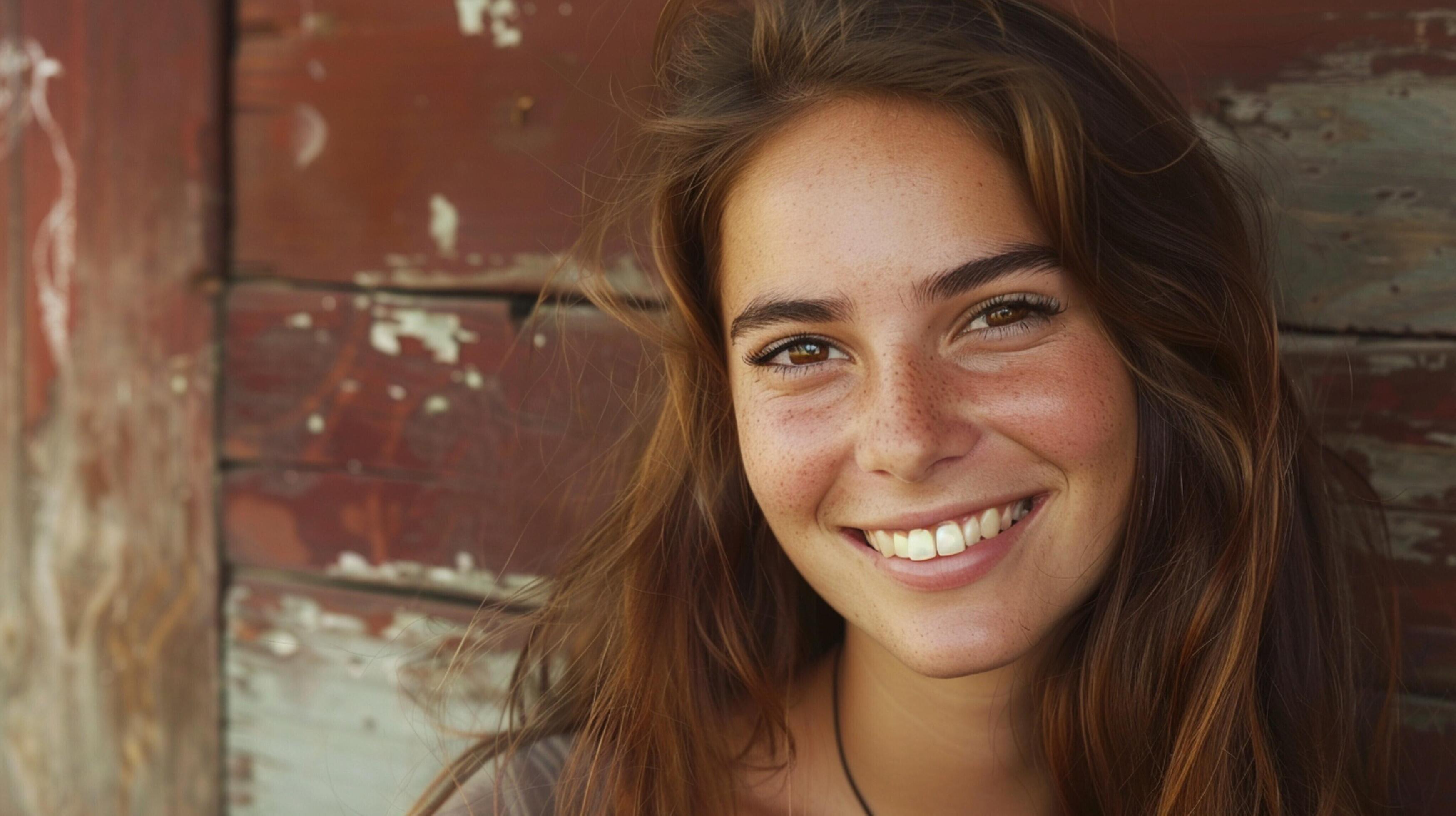 young woman with long brown hair smiling Stock Free