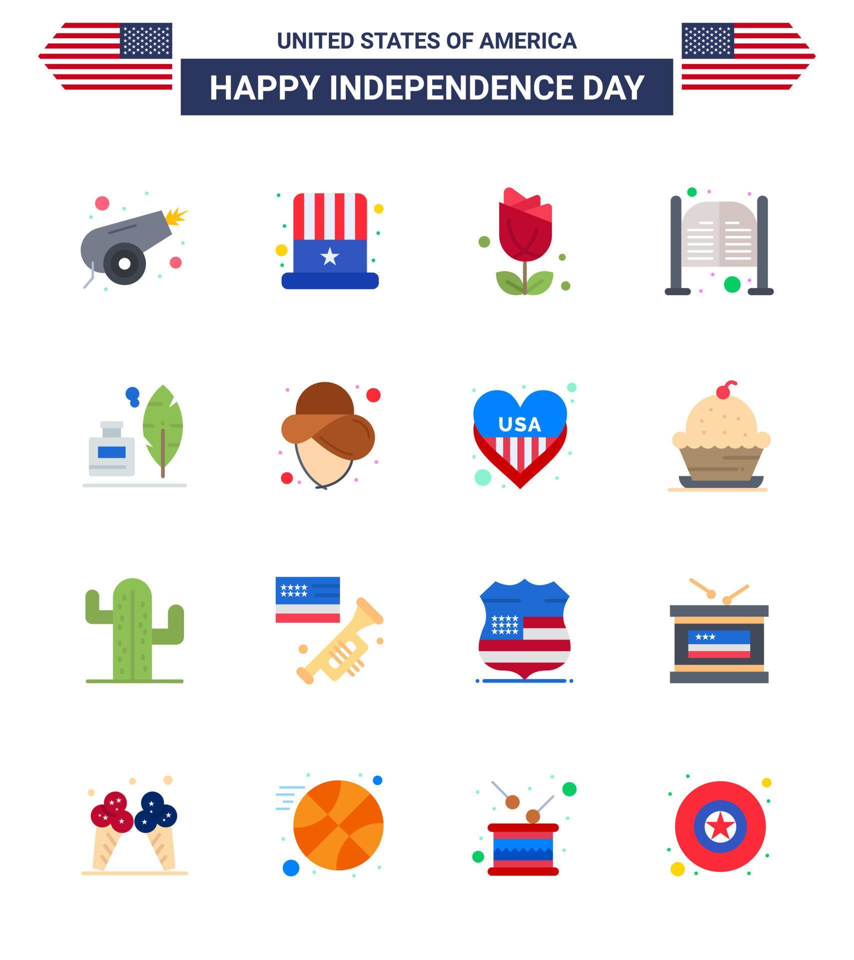 USA Happy Independence DayPictogram Set of 16 Simple Flats of adobe day flower saloon bar Editable USA Day Vector Design Elements Stock Free