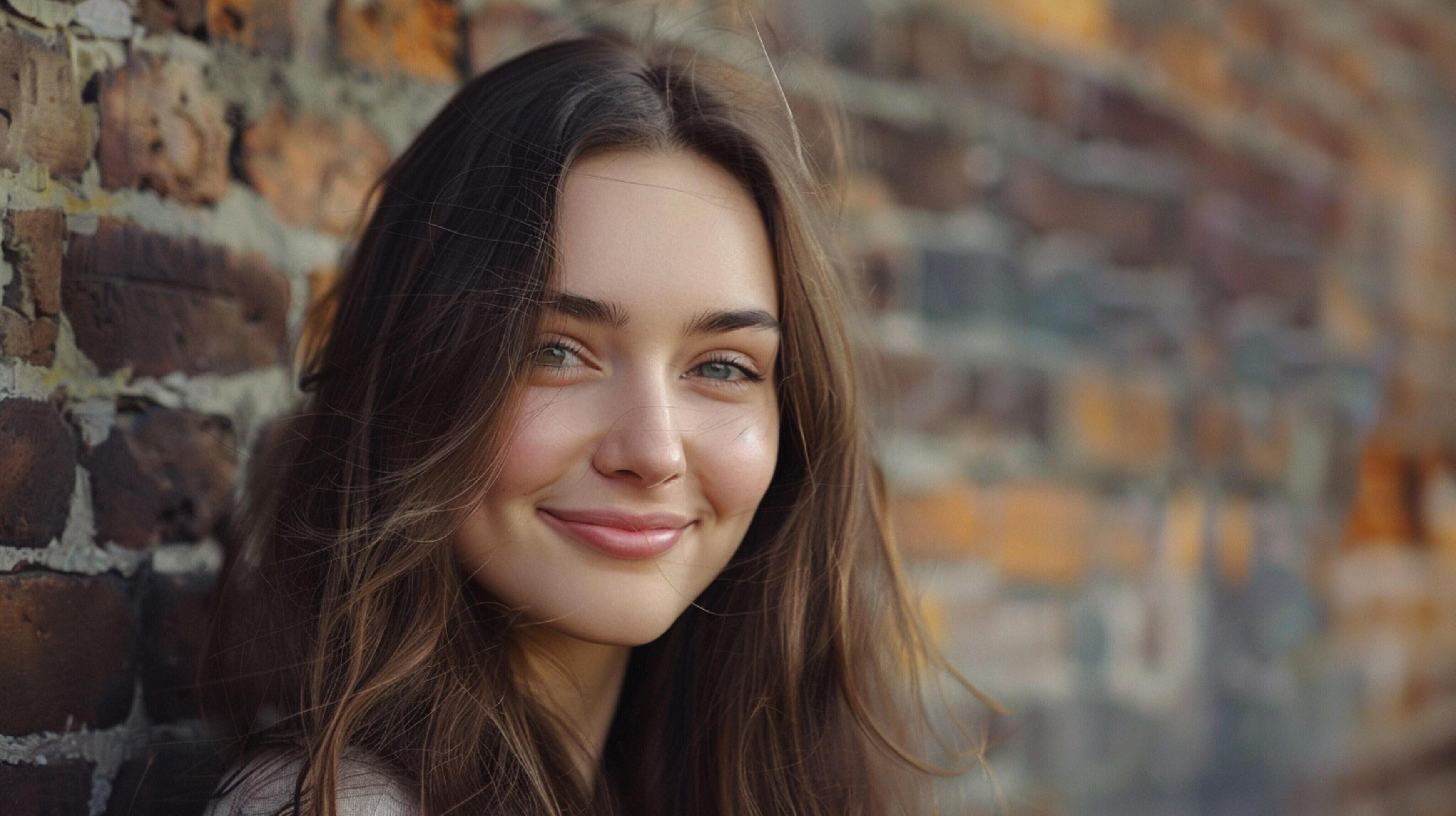 young woman with long brown hair smiling Stock Free