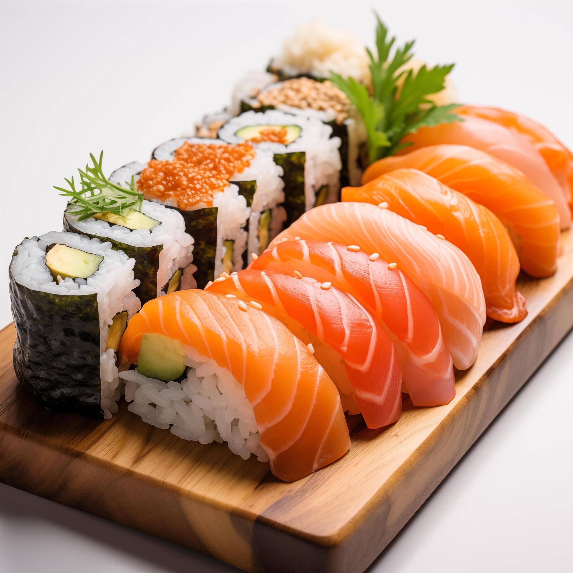 Wooden desk with different kinds of sushi isolated on white background. Photo for restaurant menu, advertising, delivery, banner Stock Free