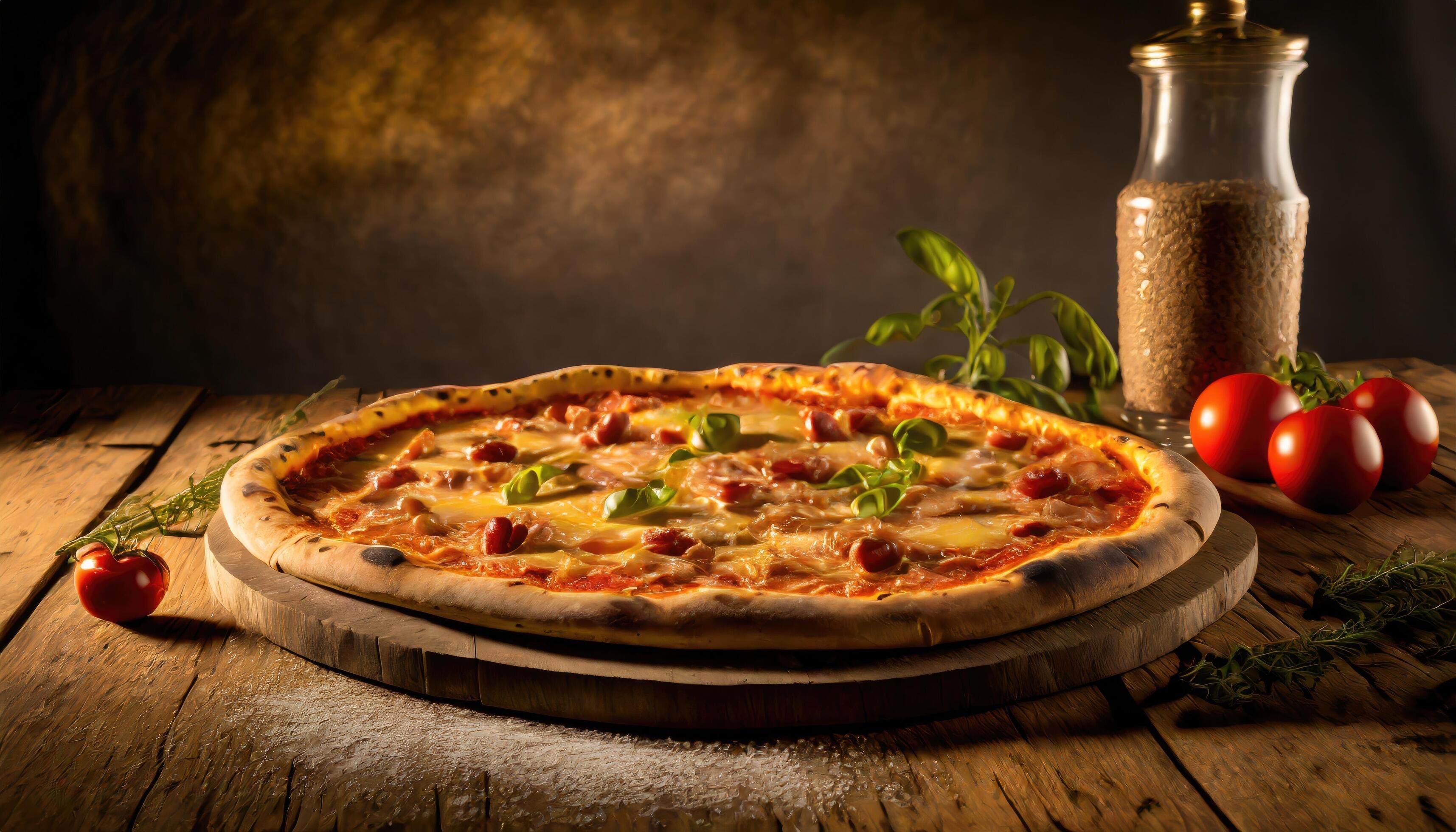 Copy Space image of Pizza Margherita on wooden background, Pizza Margarita with Tomatoes, Stock Free