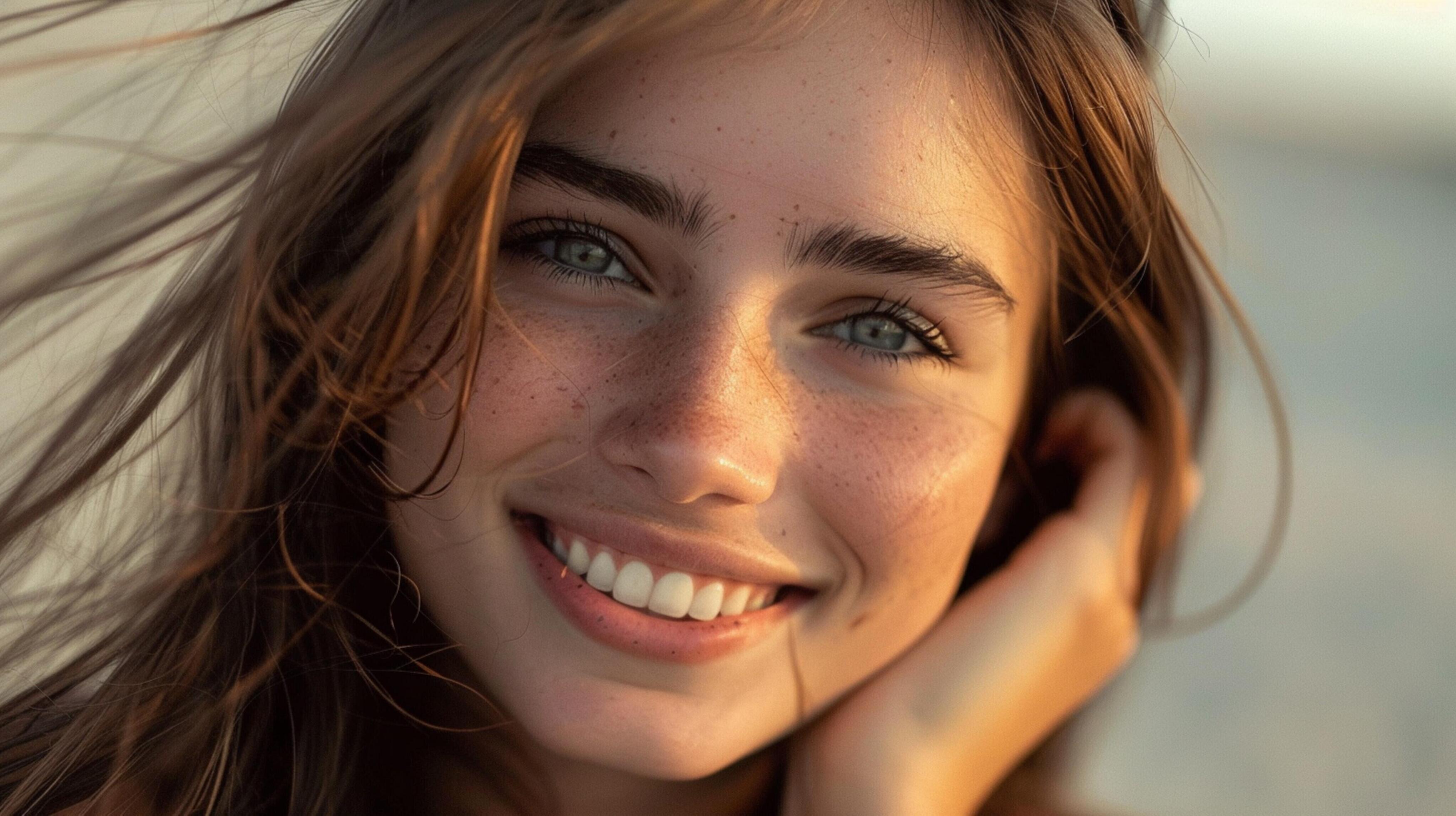 young woman with long brown hair smiling Stock Free