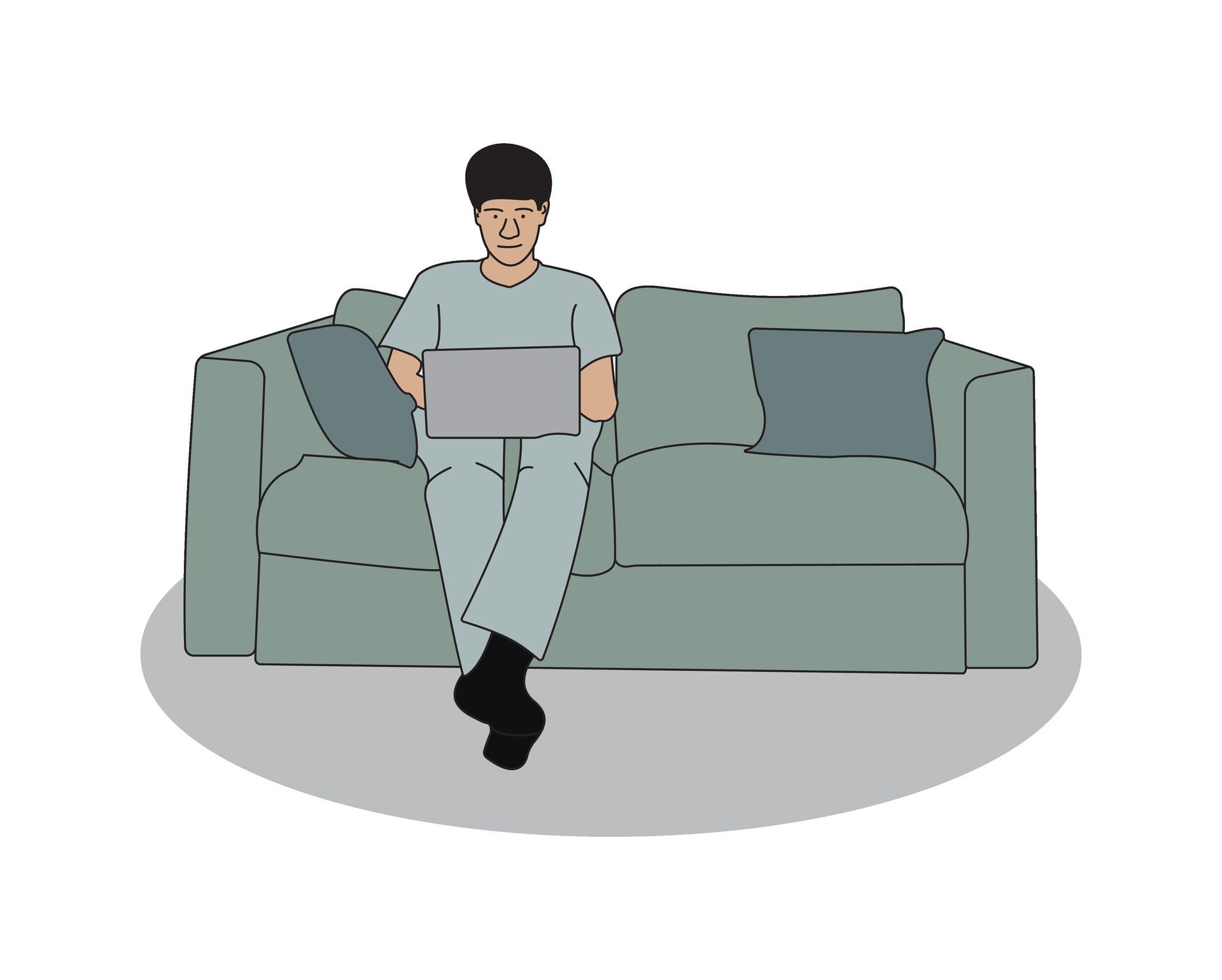 Business man working on a sofa using laptop from home flat coloring line art minimal illustration Free Vector