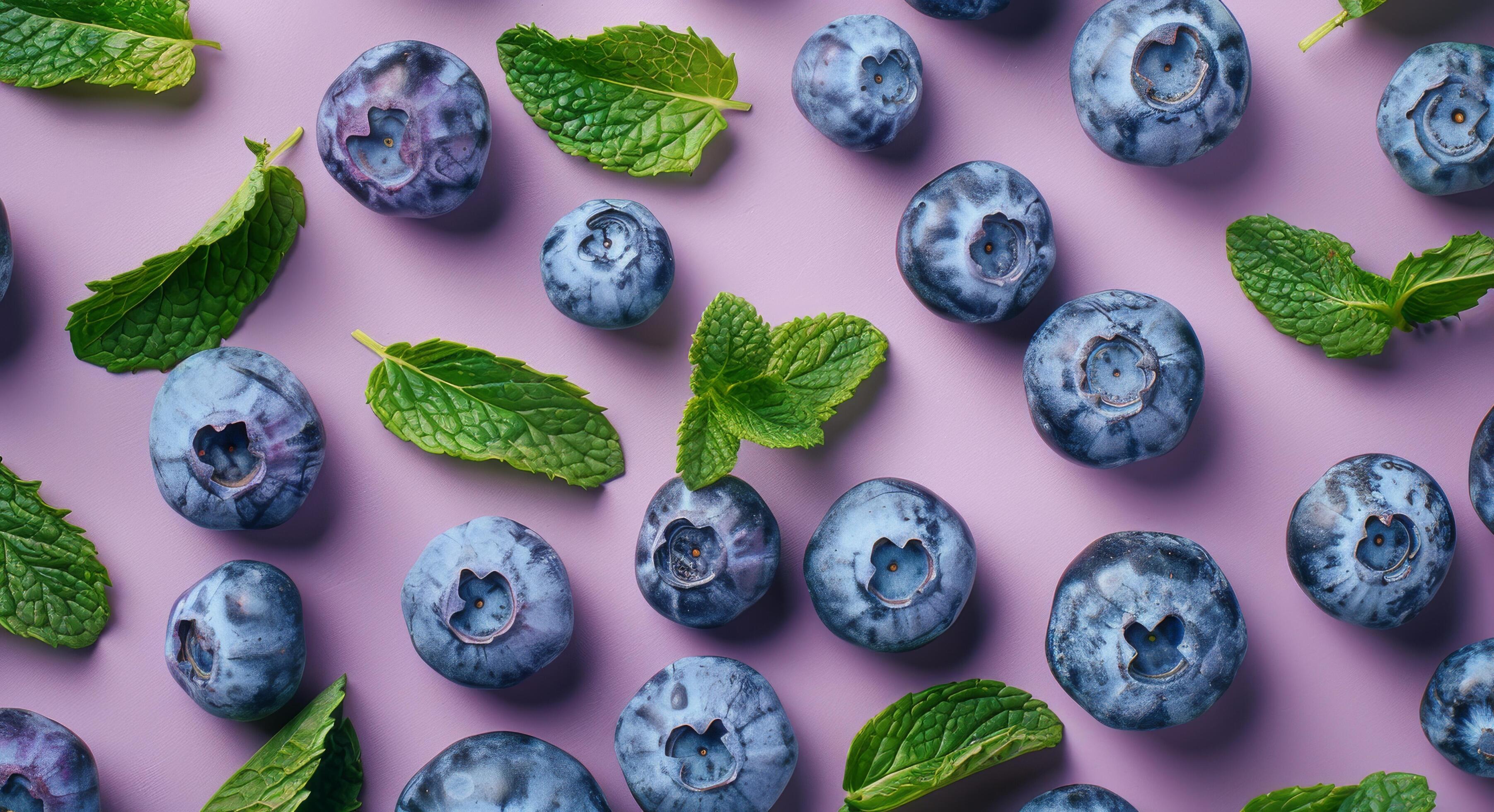 Blueberries and Mint on Purple Background Stock Free