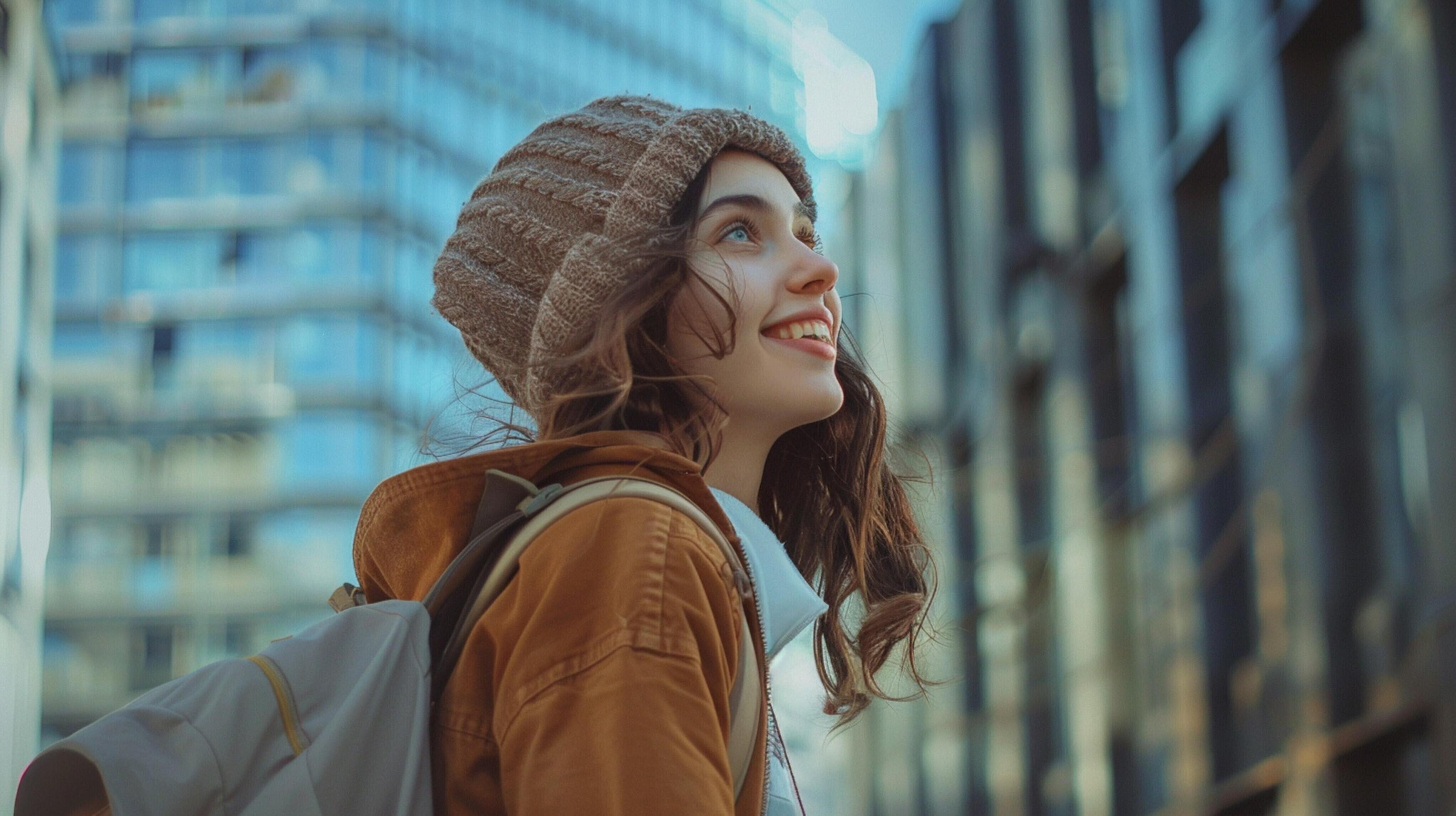 young woman in casual clothing walking Stock Free