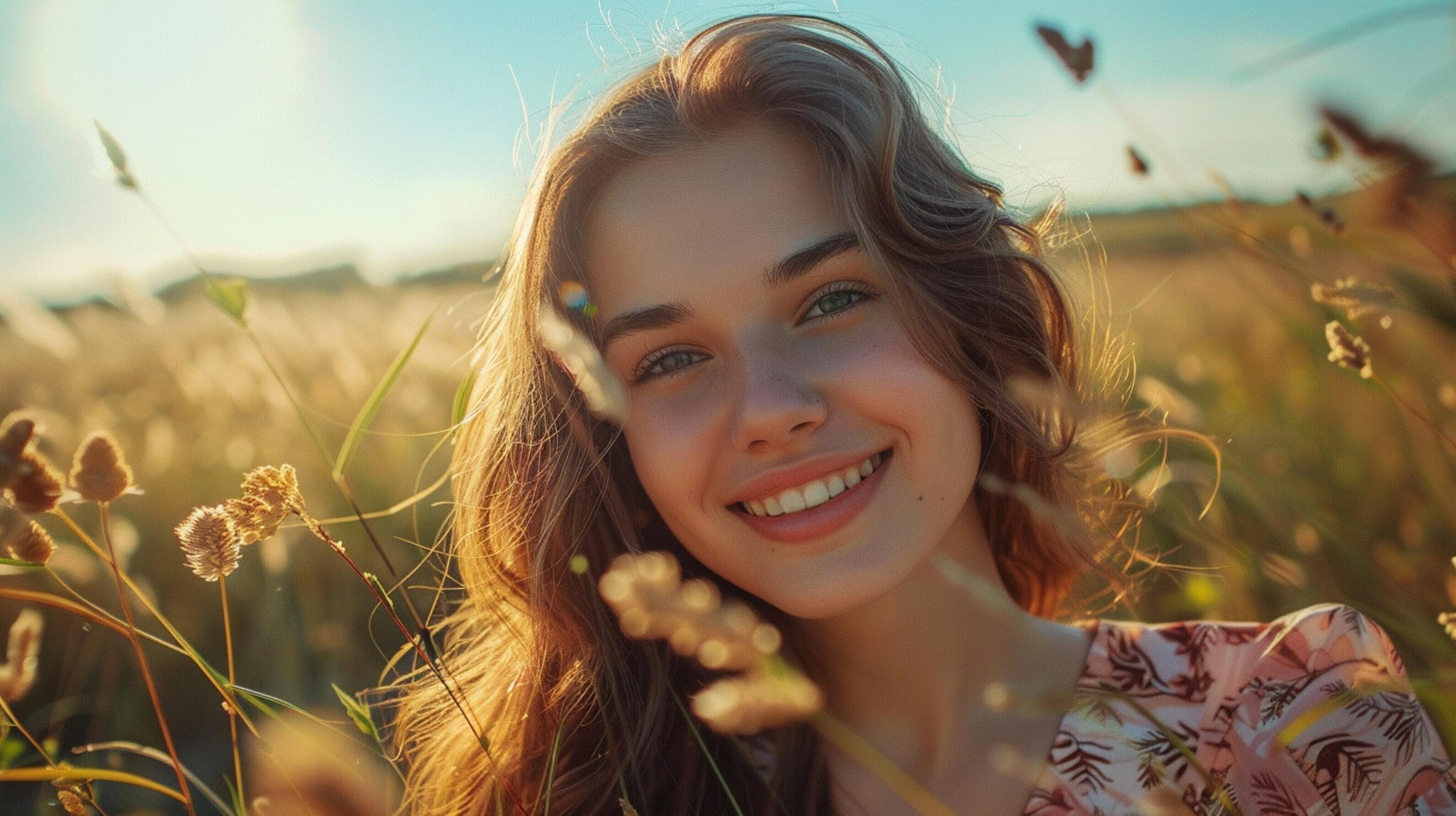 young woman outdoors looking at camera smiling Stock Free