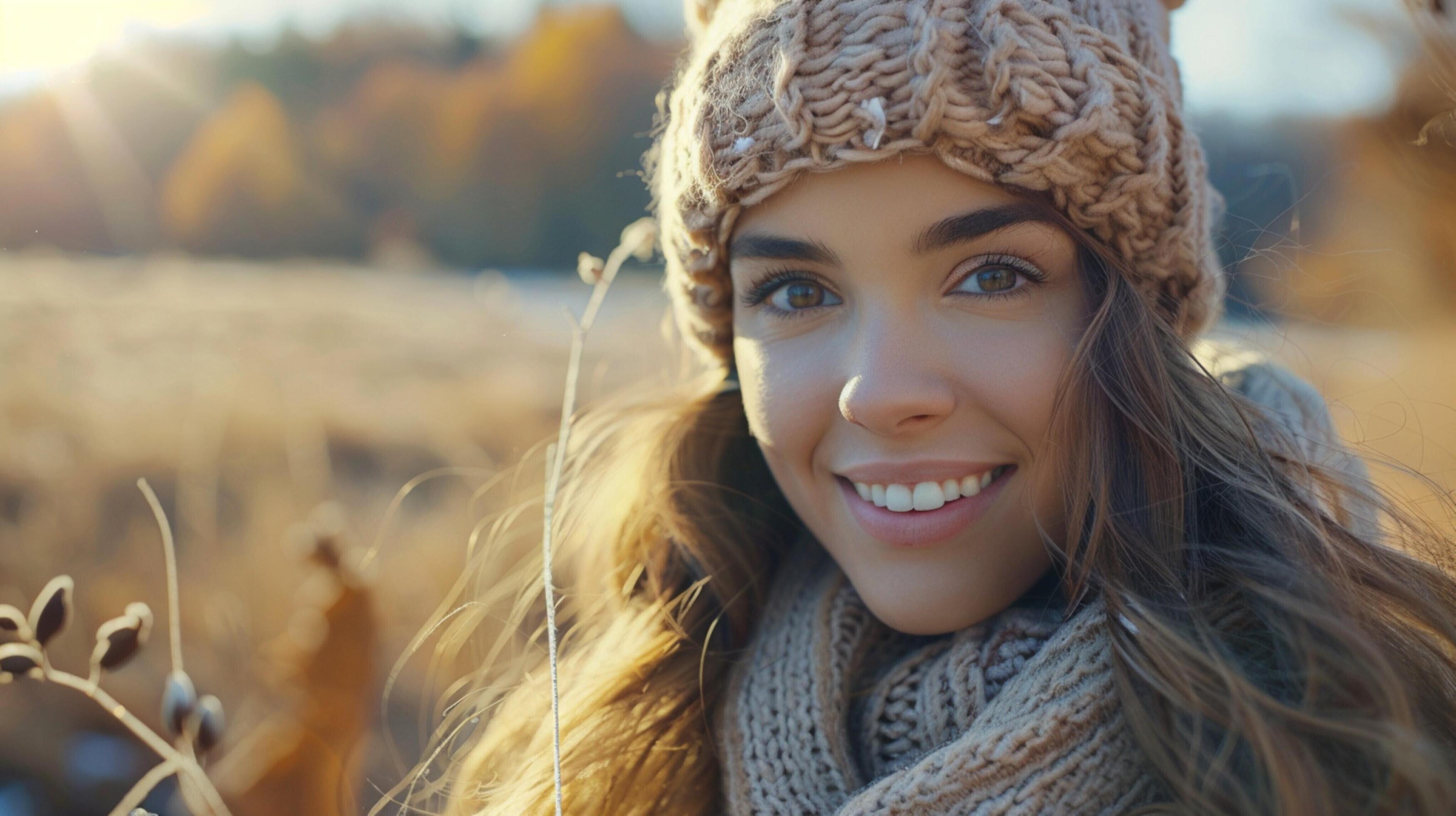 young woman outdoors looking at camera smiling Stock Free