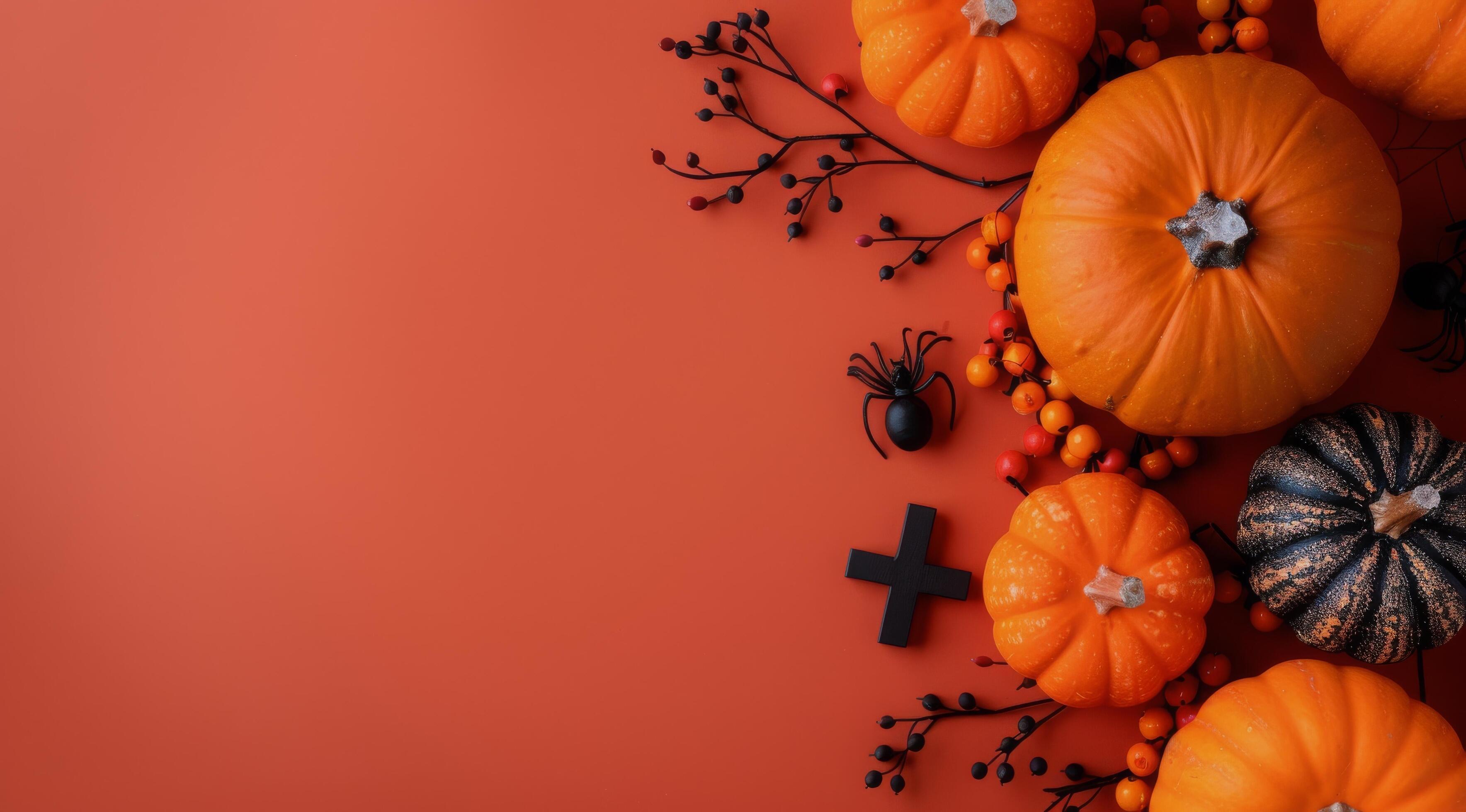 Orange Pumpkins and Black Spiders on Red Background Stock Free