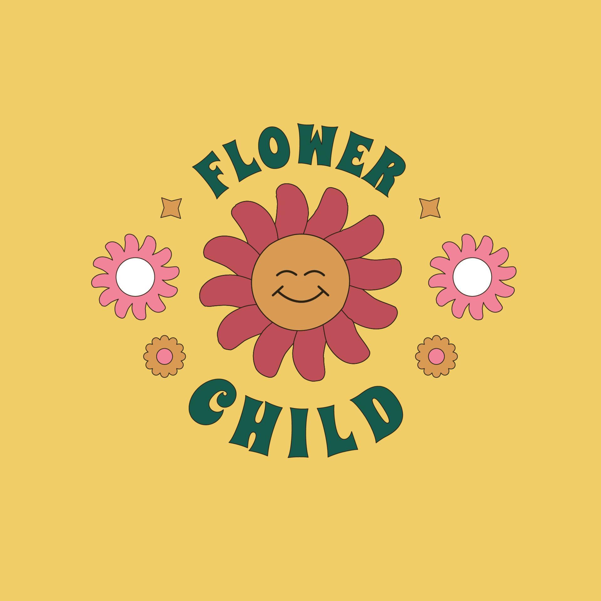 Hippy print with a smiling daisy and a Flower Child quote. Retro sticker design in the style of 1960s, 1970s. Stock Free