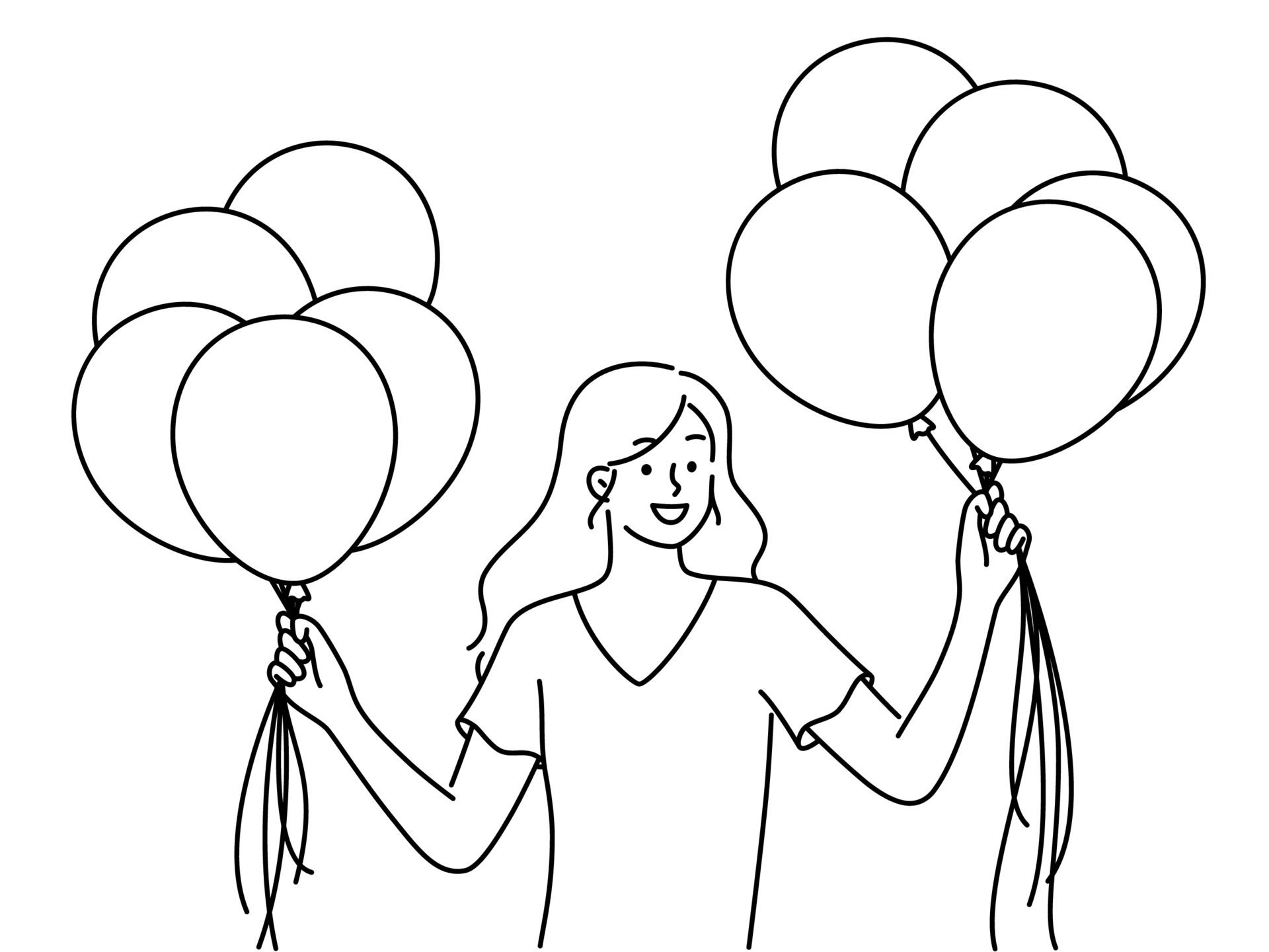 Smiling girl holding air balloons in hands. Happy woman with balloons piles celebrate or greeting with birthday. Vector illustration. Free Vector