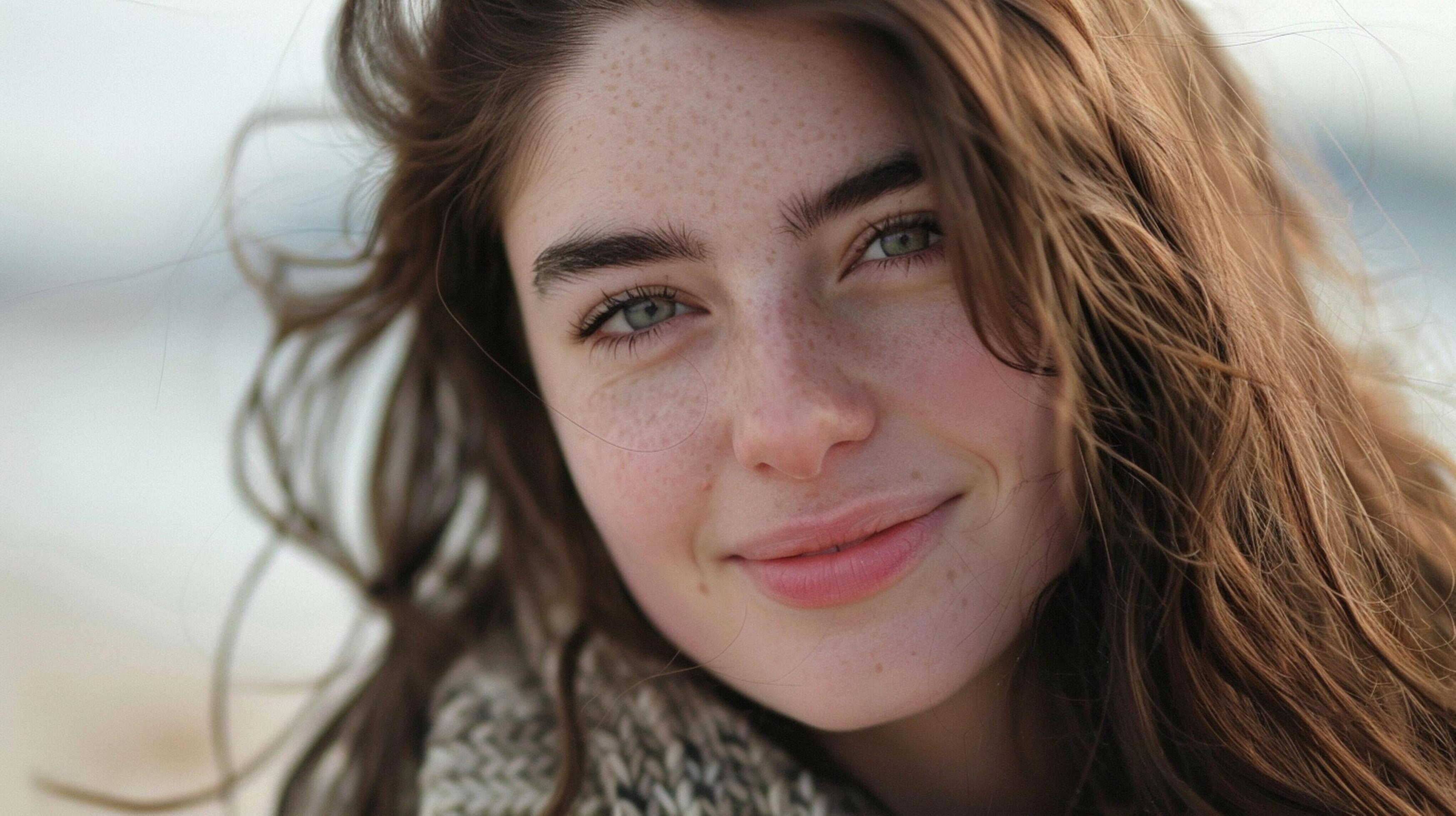 young woman with long brown hair smiling Stock Free