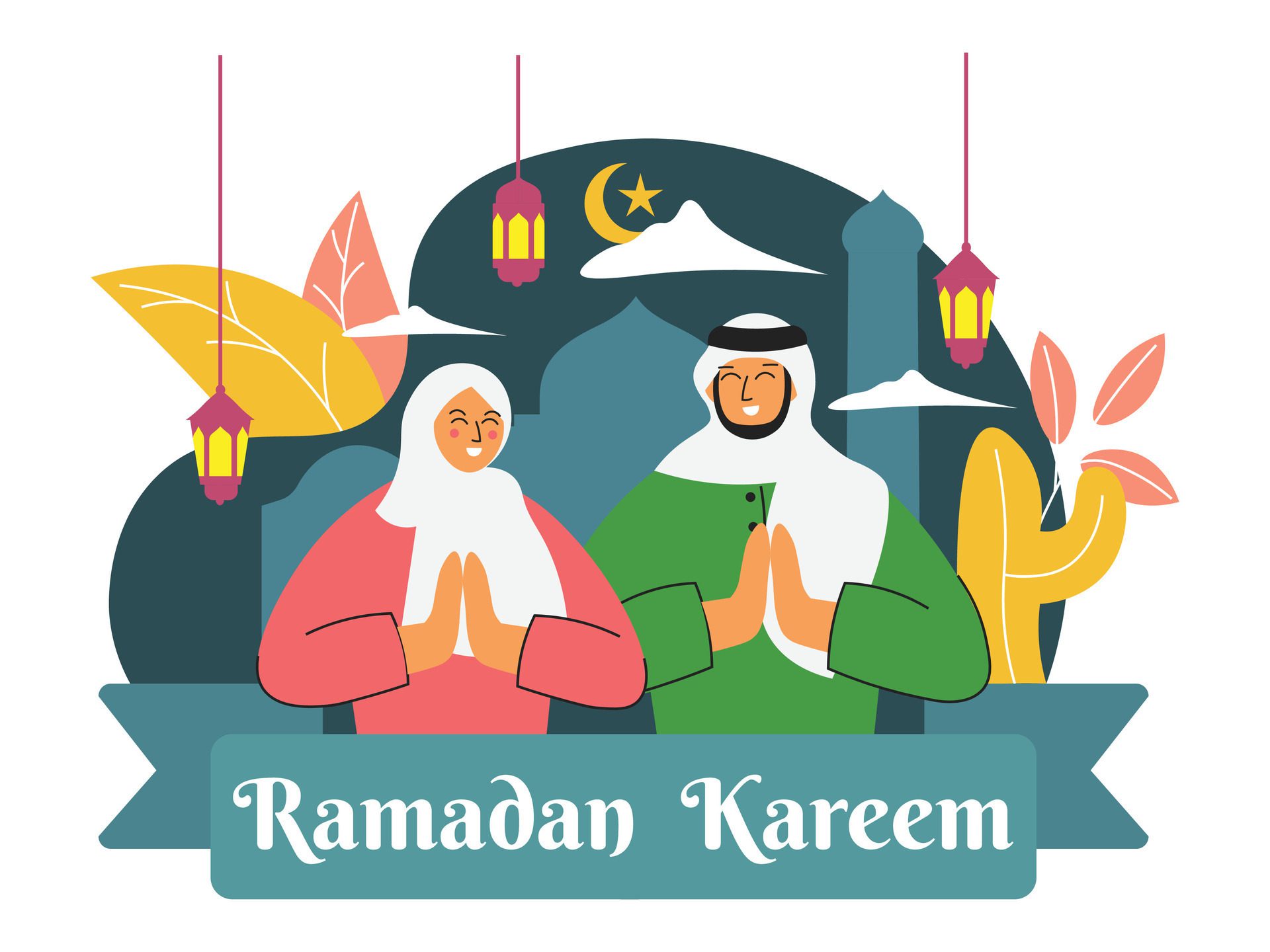 Flat design illustration ramadan kareem. Muslim people celebrating ramadan Free Vector