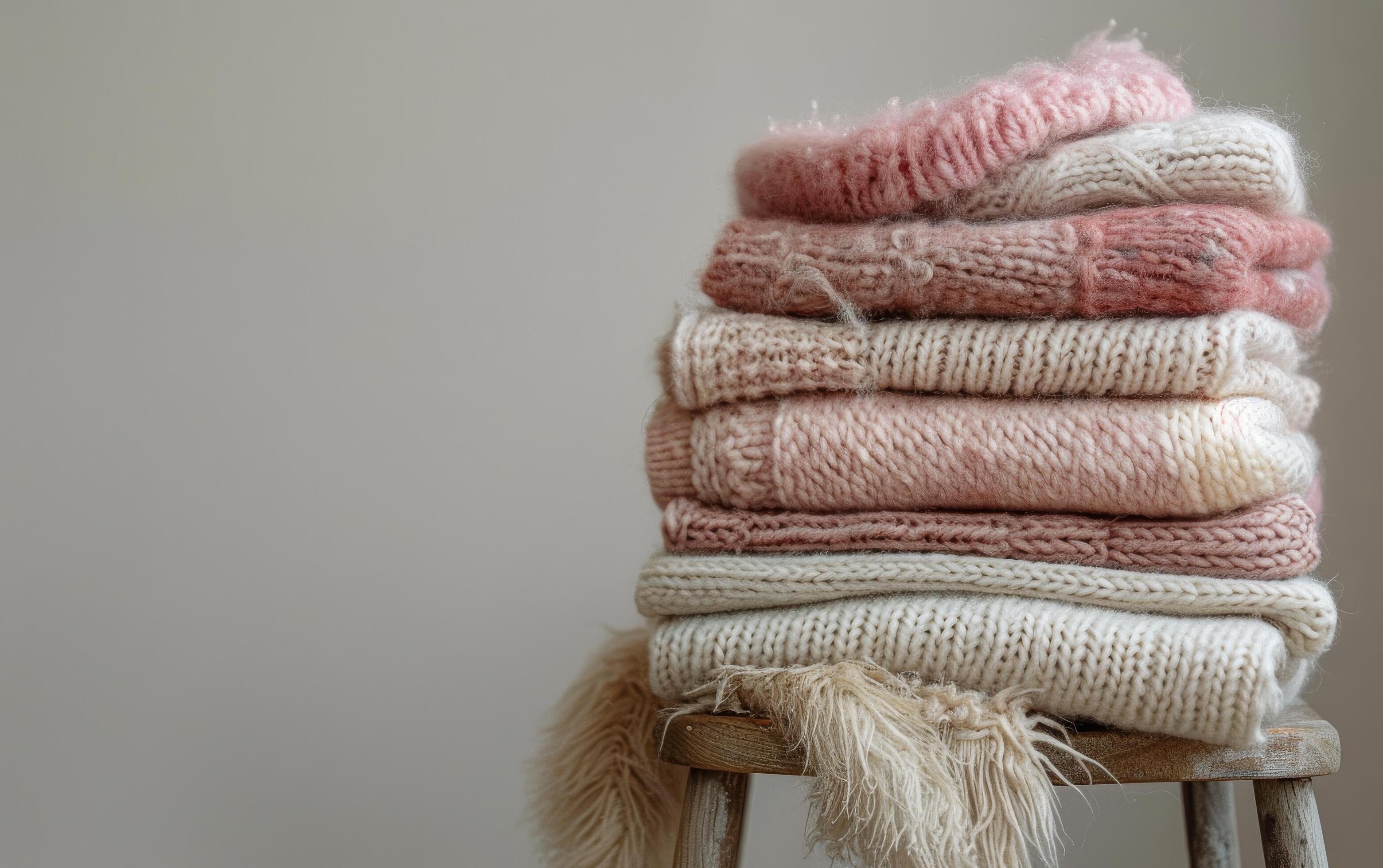 Stack of Pink Knit Sweaters on a White Stool Against a White Paneled Wall Stock Free