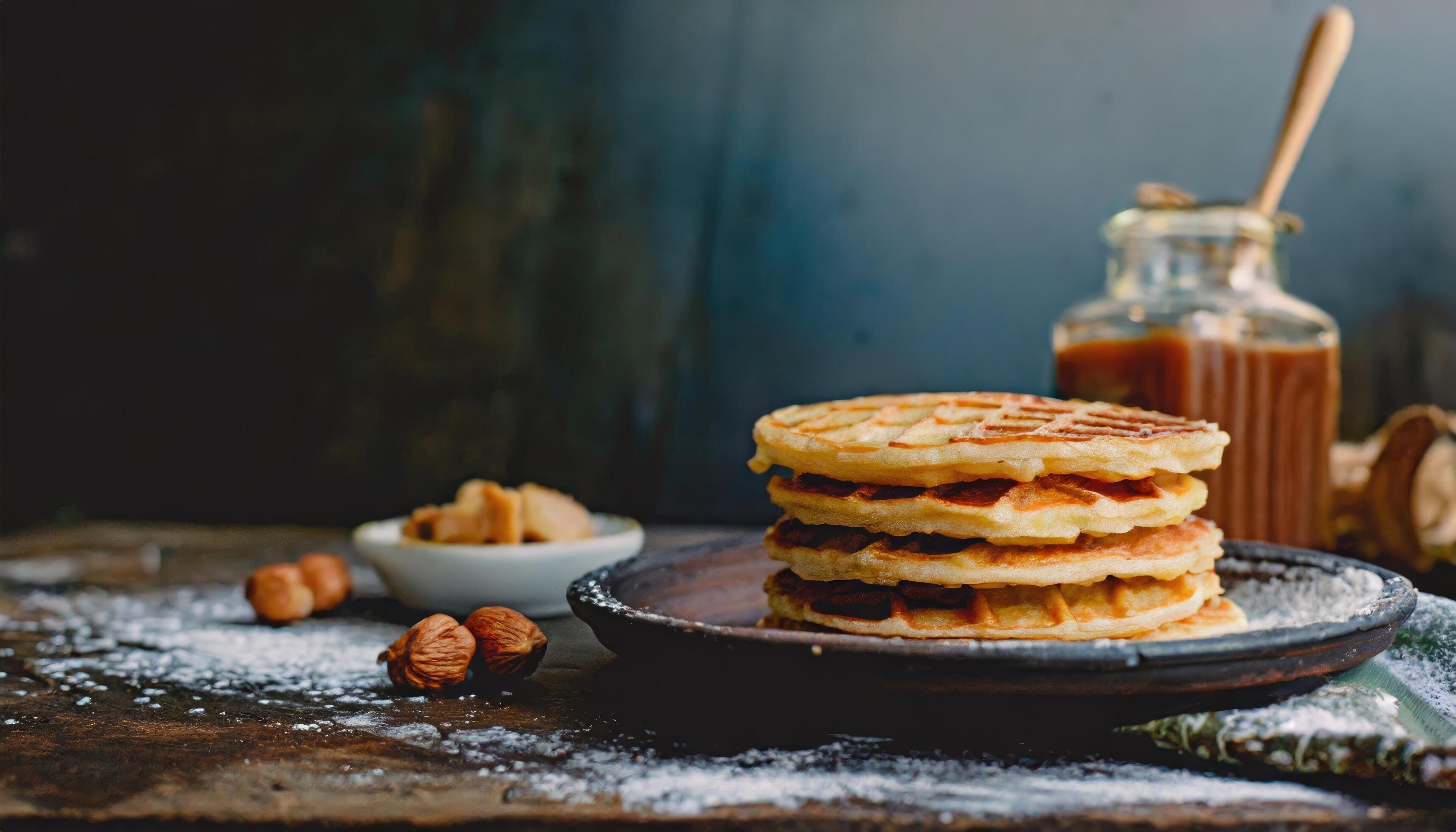 Copy Space image of Delicious viennese waffles with maple syrup drizzle and blackberry on dark brown wood background. Stock Free