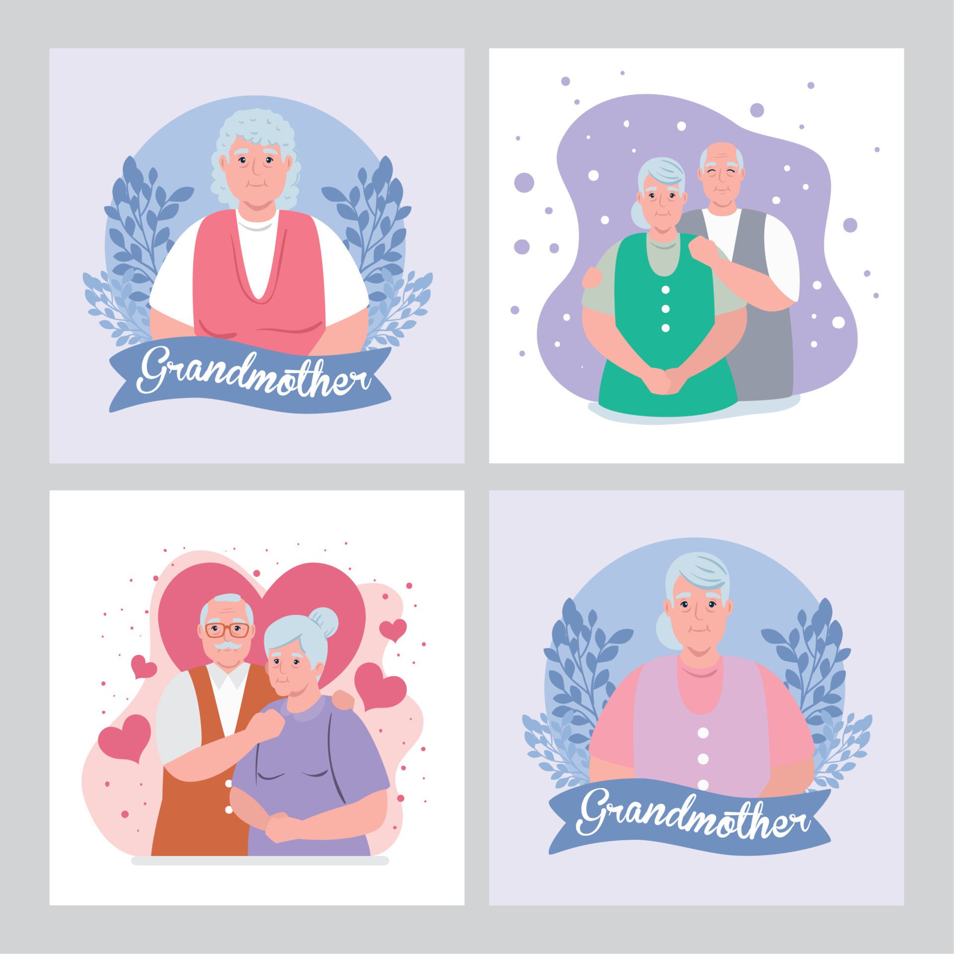 set cards of happy grand parents day with cute old people Free Vector