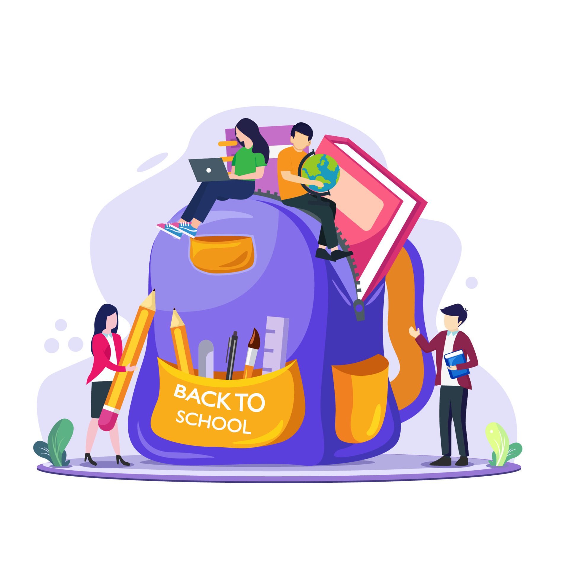 students are preparing to back to school with giant school backpack with supplies. Flat vector template Free Vector